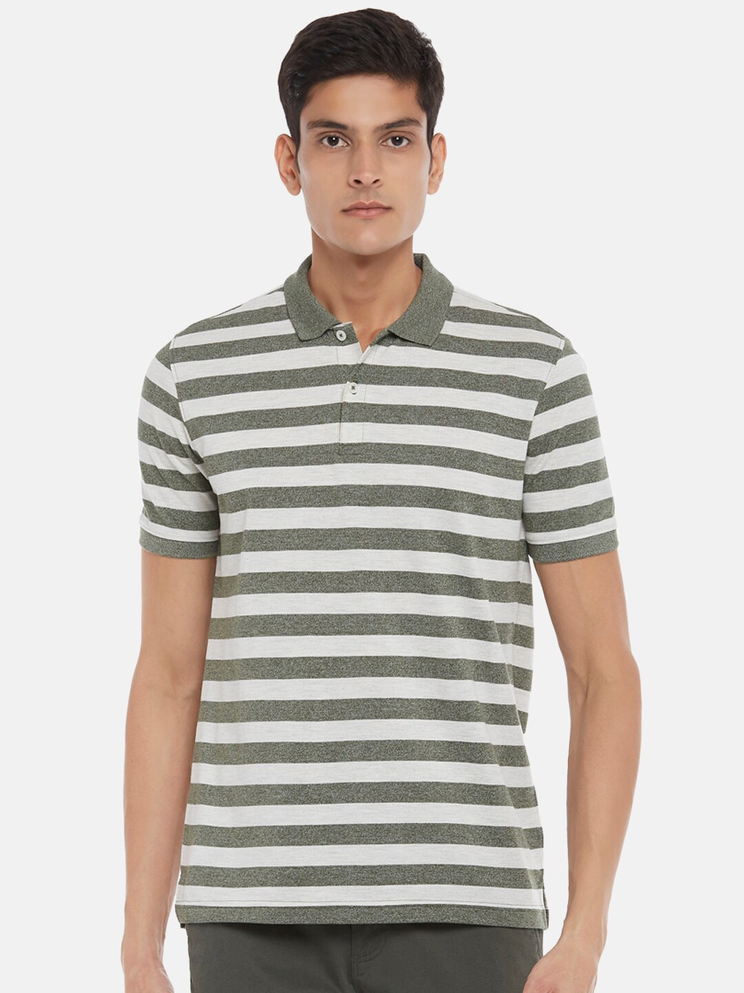 

BYFORD by Pantaloons Men Olive Green & White Striped Polo Collar Slim Fit T-shirt