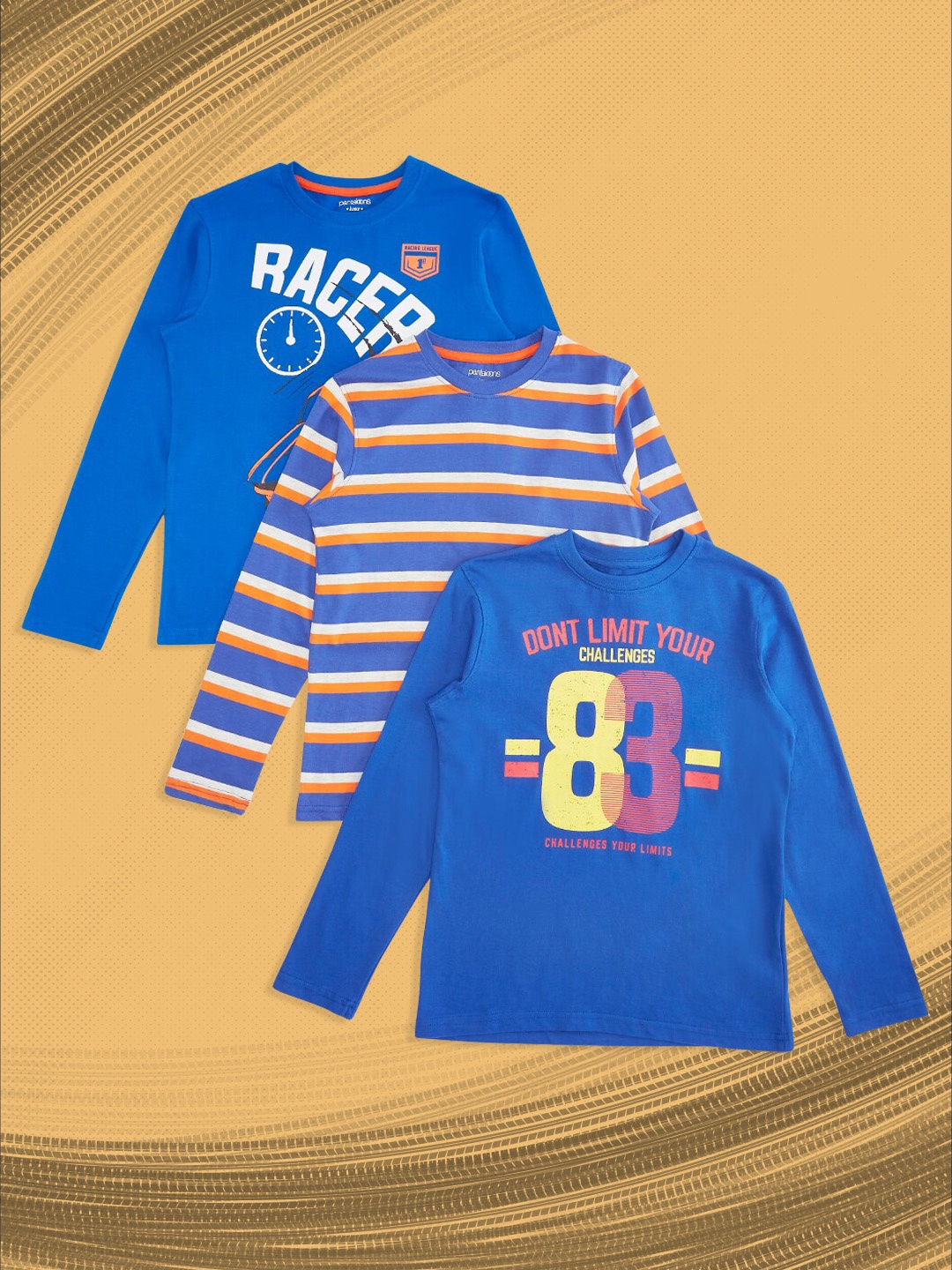 

Pantaloons Junior Boys Blue & Orange Set Of 3 Striped Cotton T-shirt