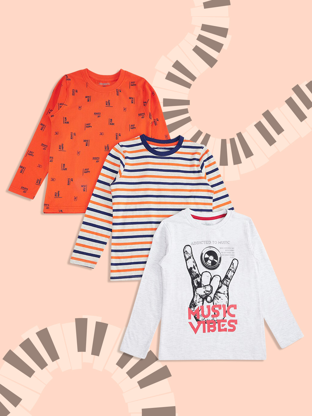 

Pantaloons Junior Boys Orange & White Pack of 3 Printed T-shirt