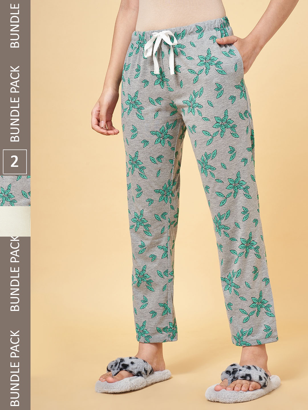 

Dreamz by Pantaloons Women Set of 2 Grey & Green Printed Cotton Lounge Pants