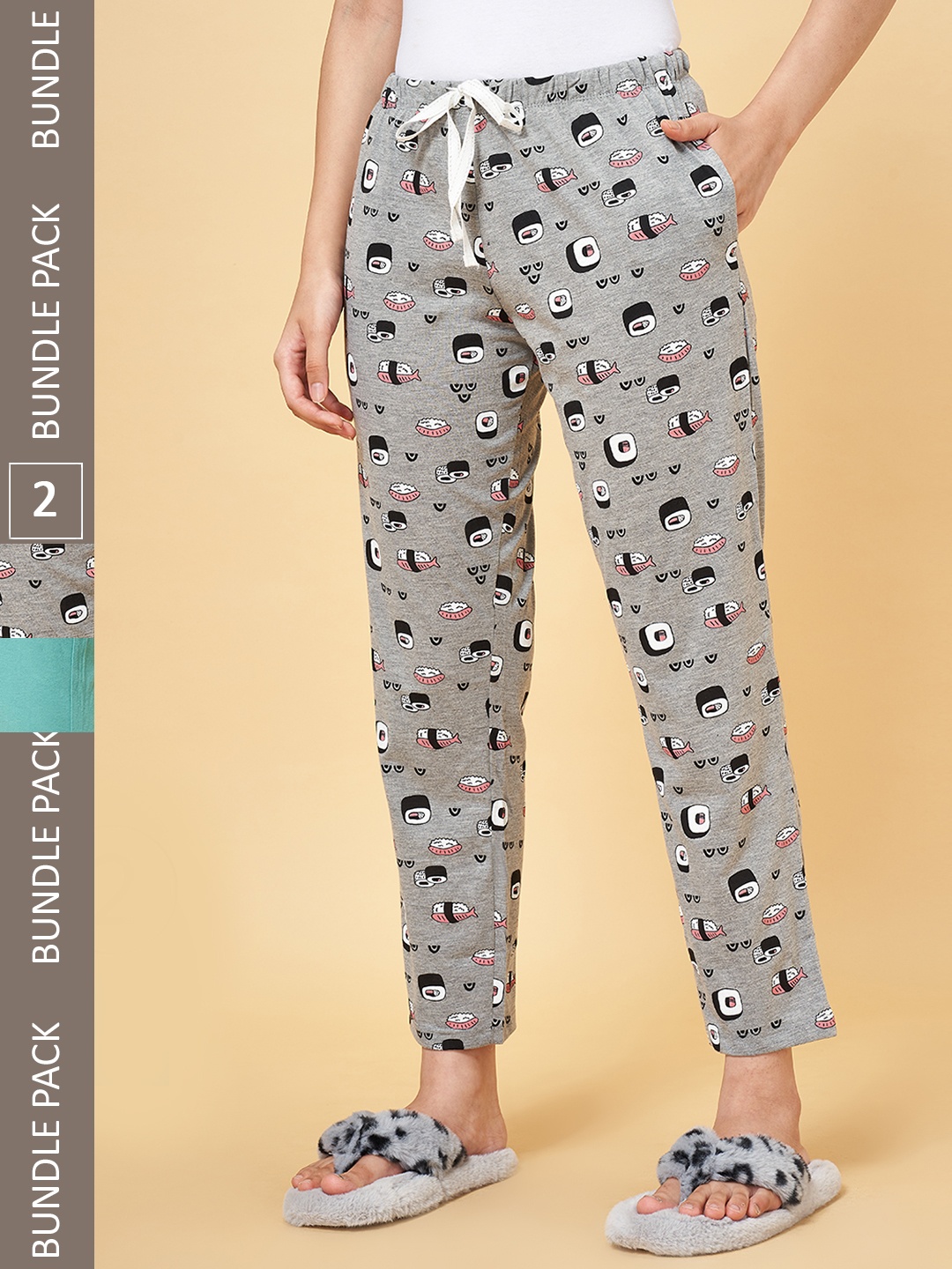 

Dreamz by Pantaloons Women Pack Of 2 Printed Cotton Lounge Pants, Grey