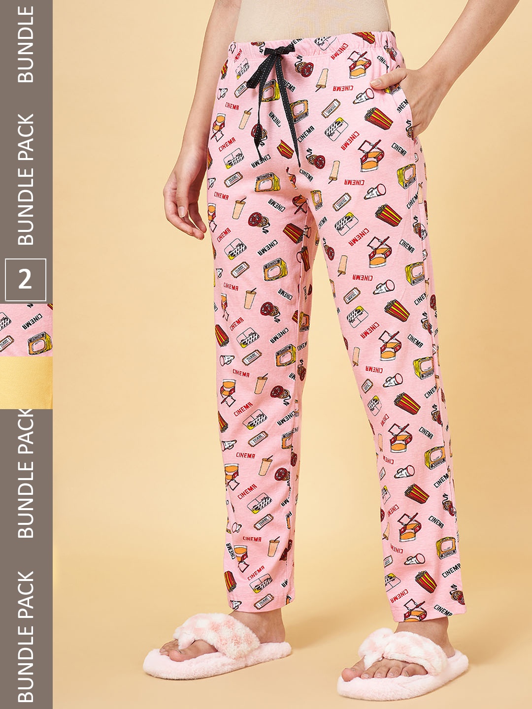 

Dreamz by Pantaloons Women Set of 2 Yellow & Pink Printed Cotton Lounge Pants
