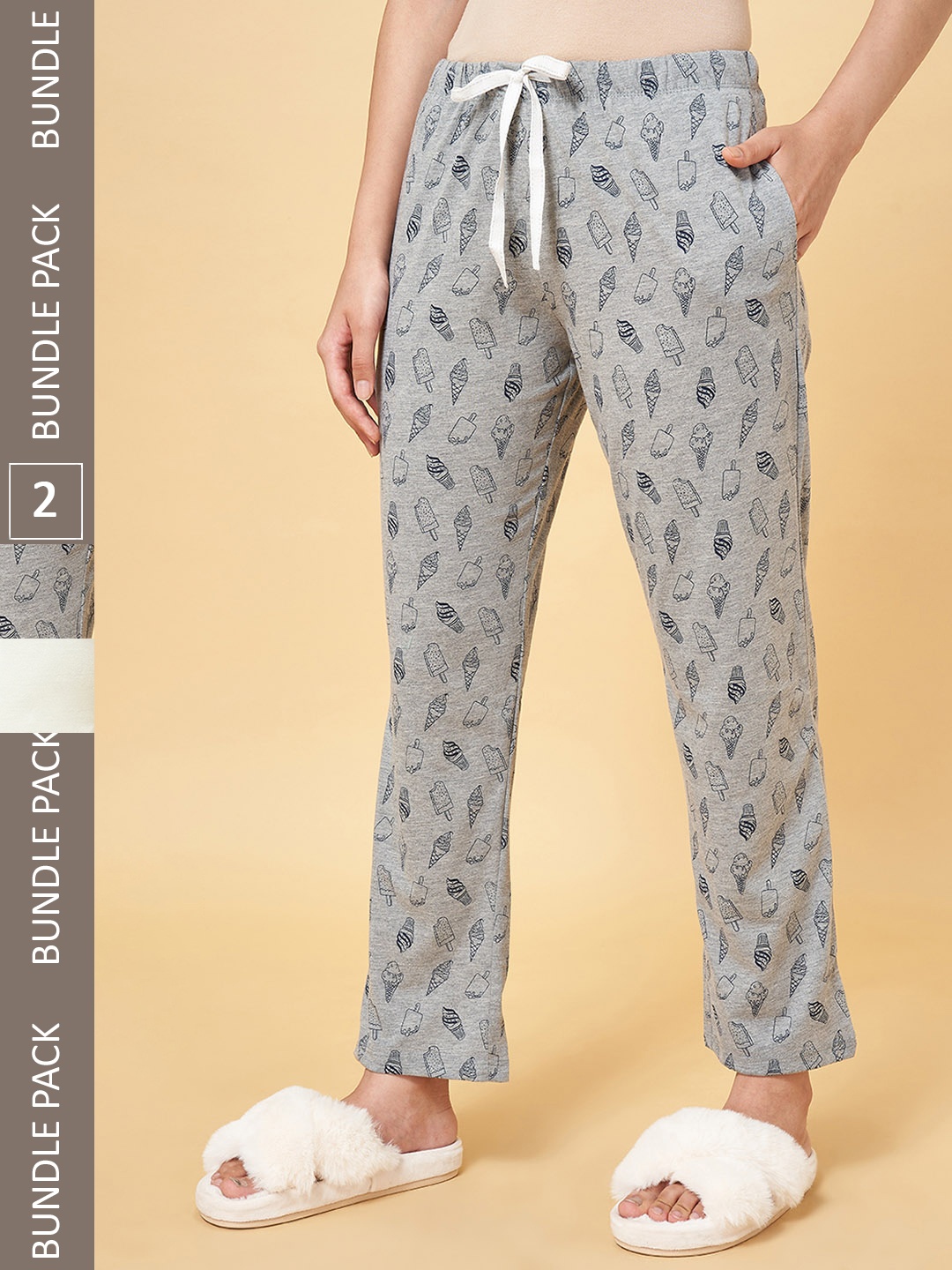 

Dreamz by Pantaloons Women Pack Of 2 Printed Cotton Lounge Pants, Grey