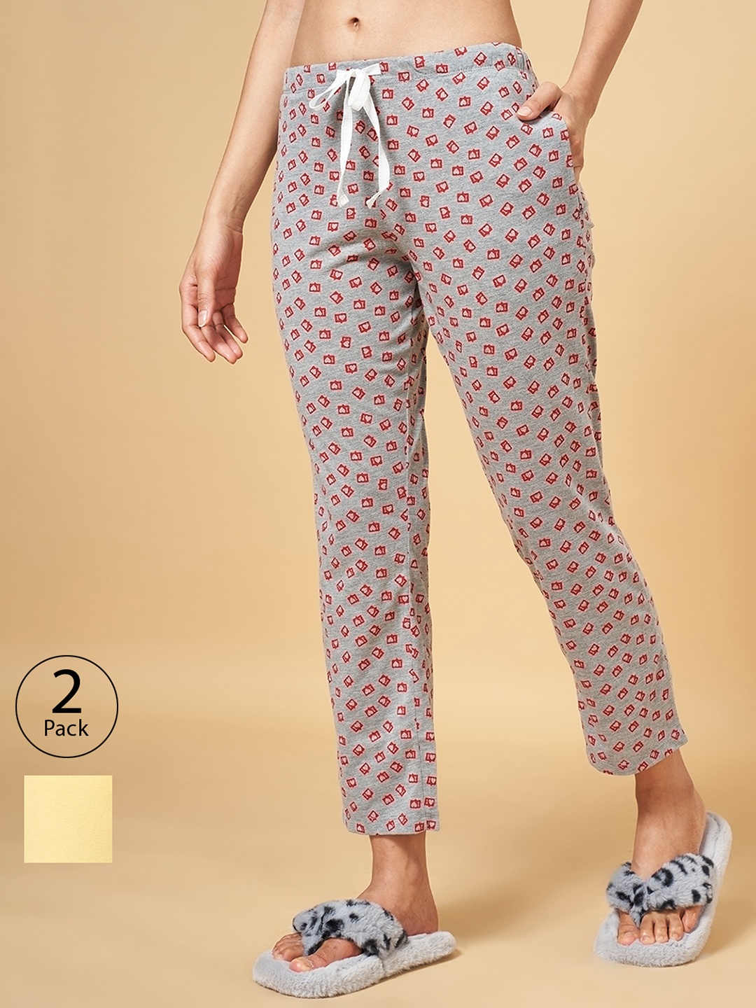 

Dreamz by Pantaloons Women Pack of 2 Pure Cotton Lounge Pants, Yellow