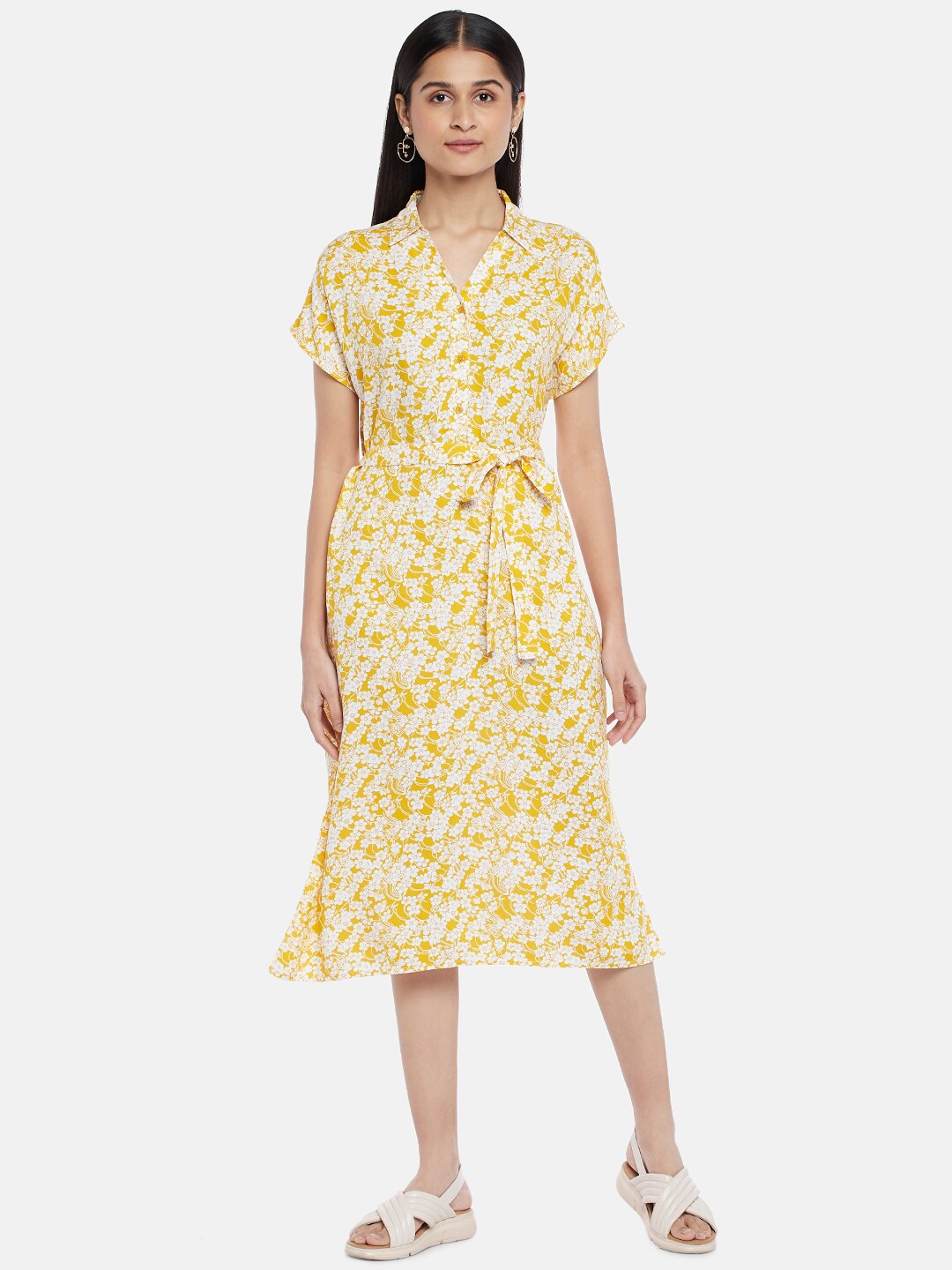 

Honey by Pantaloons Yellow & White Floral Shirt Midi Dress
