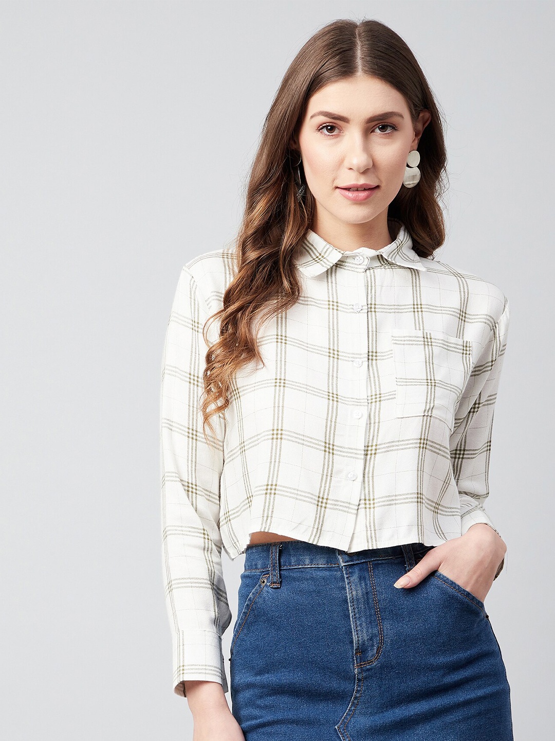 

CHIMPAAANZEE Women Green & White Boxy Printed Casual Shirt