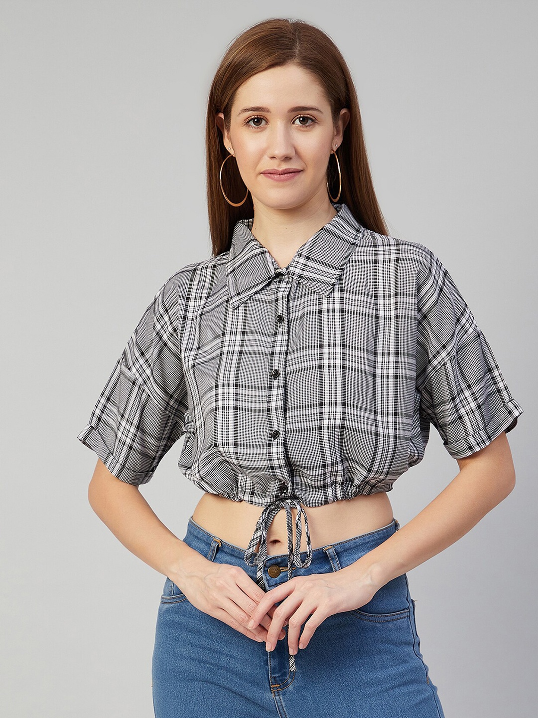 

CHIMPAAANZEE Women Black Boxy Tartan Checks Checked Crop Casual Shirt