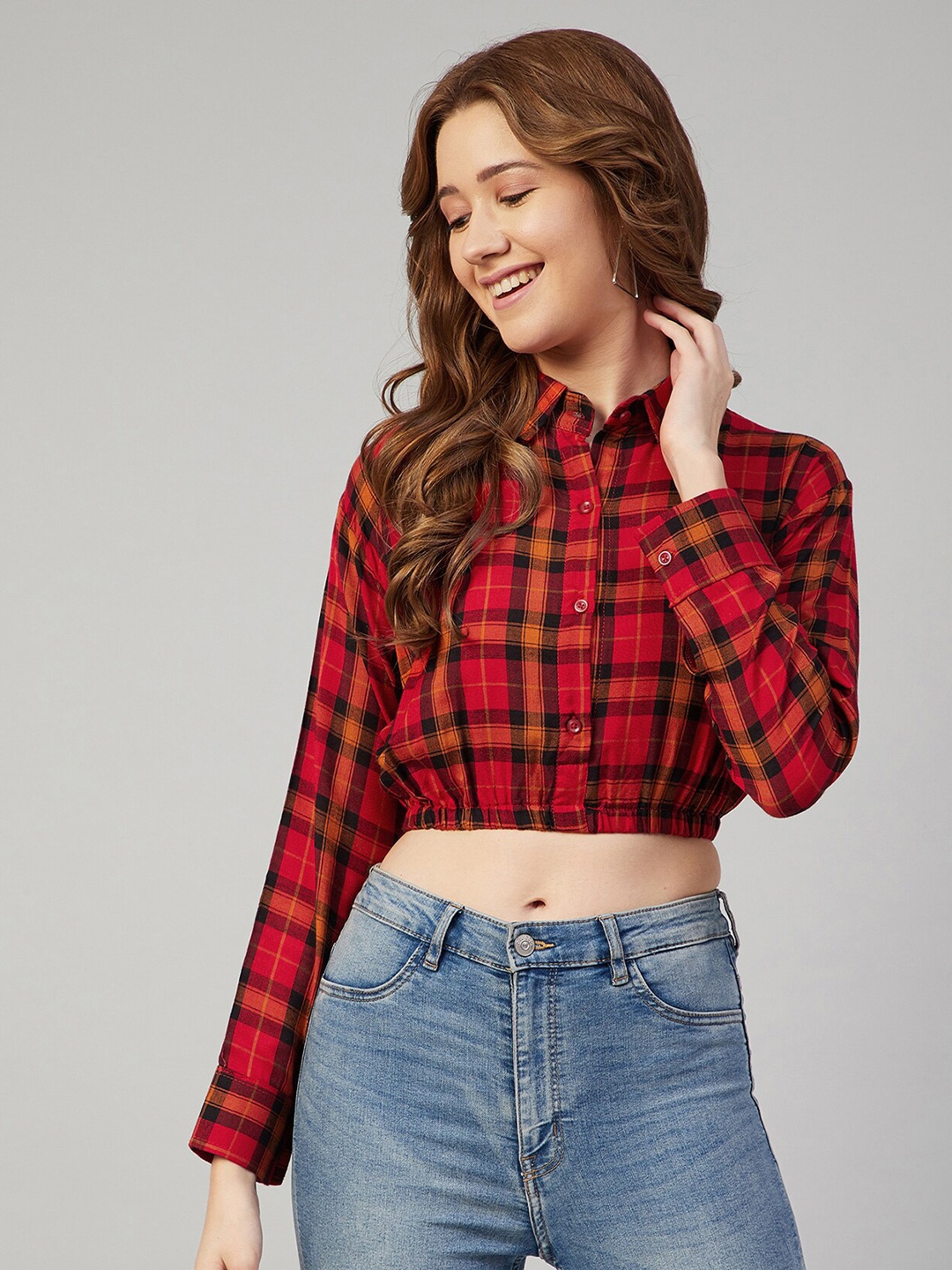 

CHIMPAAANZEE Women Red Boxy Tartan Checked Casual Shirt