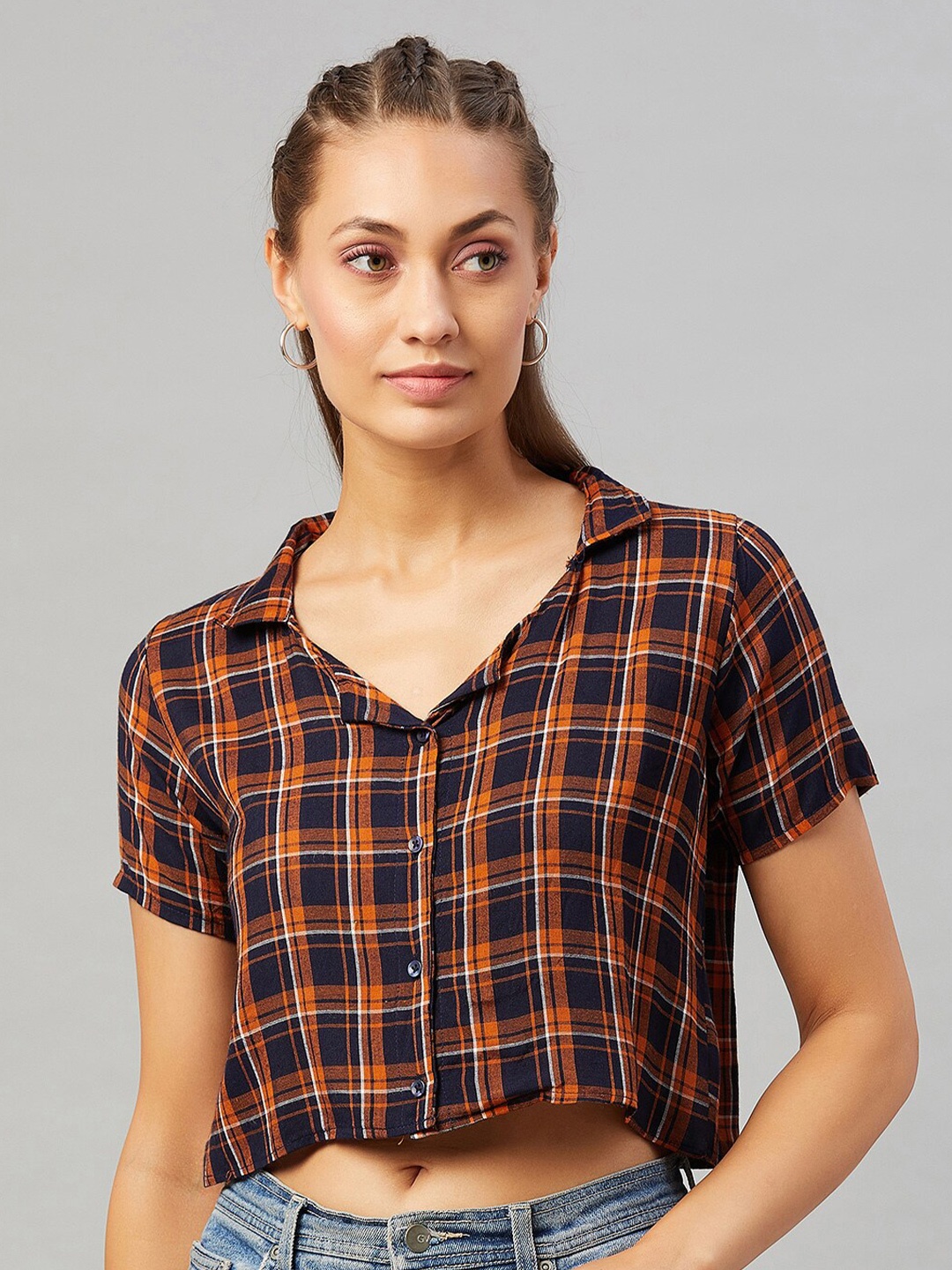 

CHIMPAAANZEE Women Orange Classic Tartan Checks Checked Casual Shirt