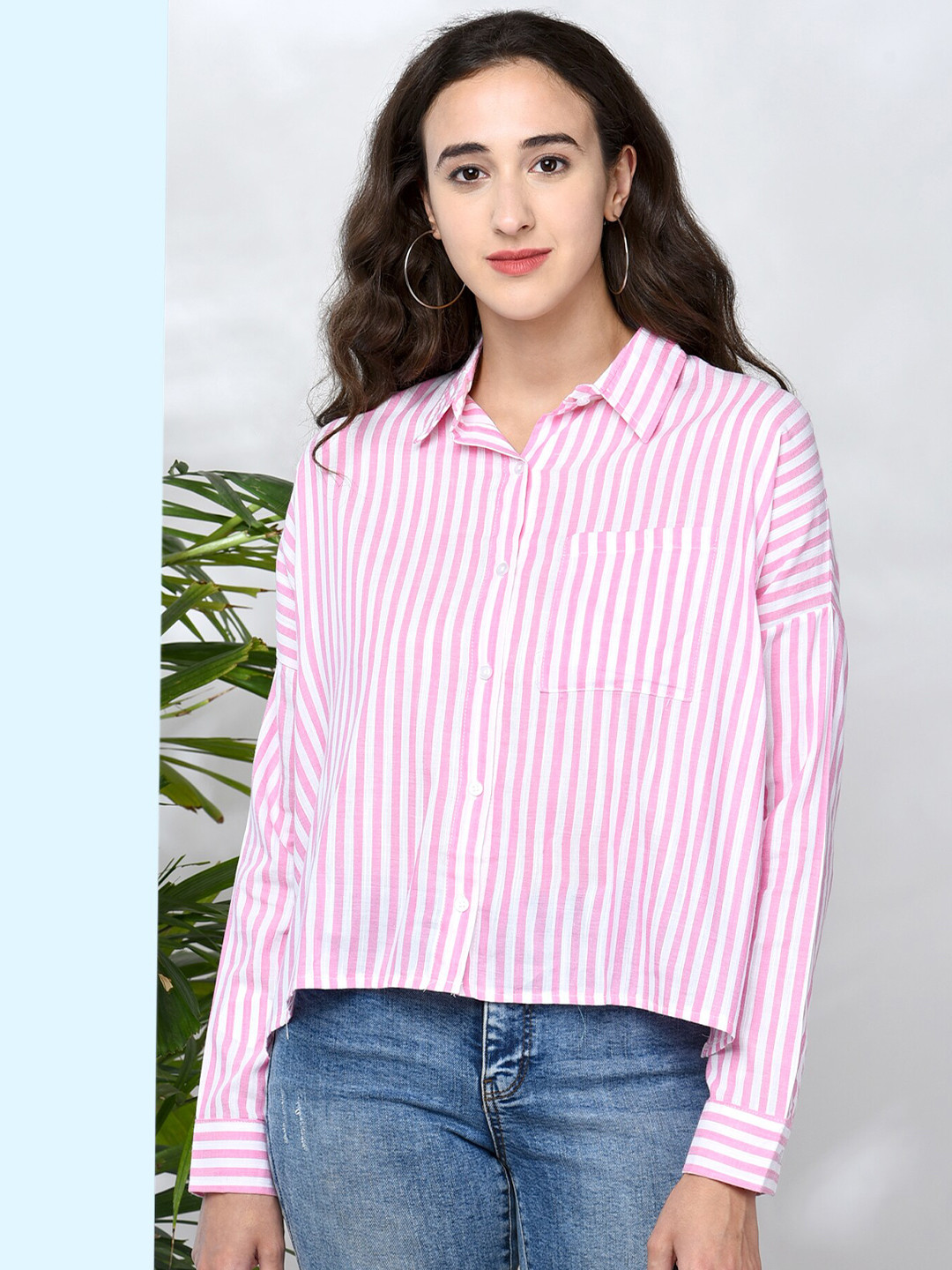 

CHIMPAAANZEE Women Pink Boxy Oversized Striped Casual Shirt