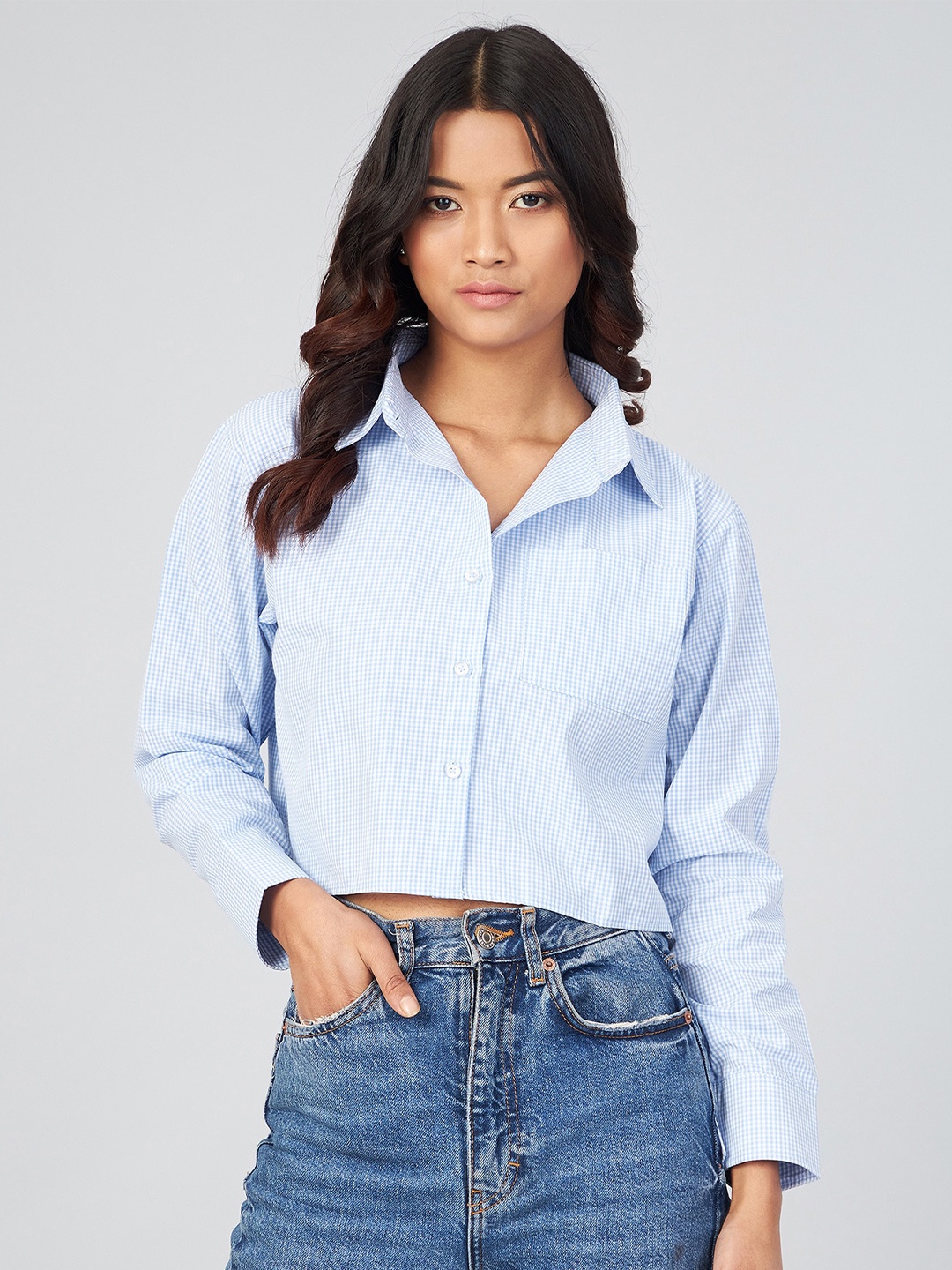 

CHIMPAAANZEE Women Blue Boxy Micro Checked Casual Shirt