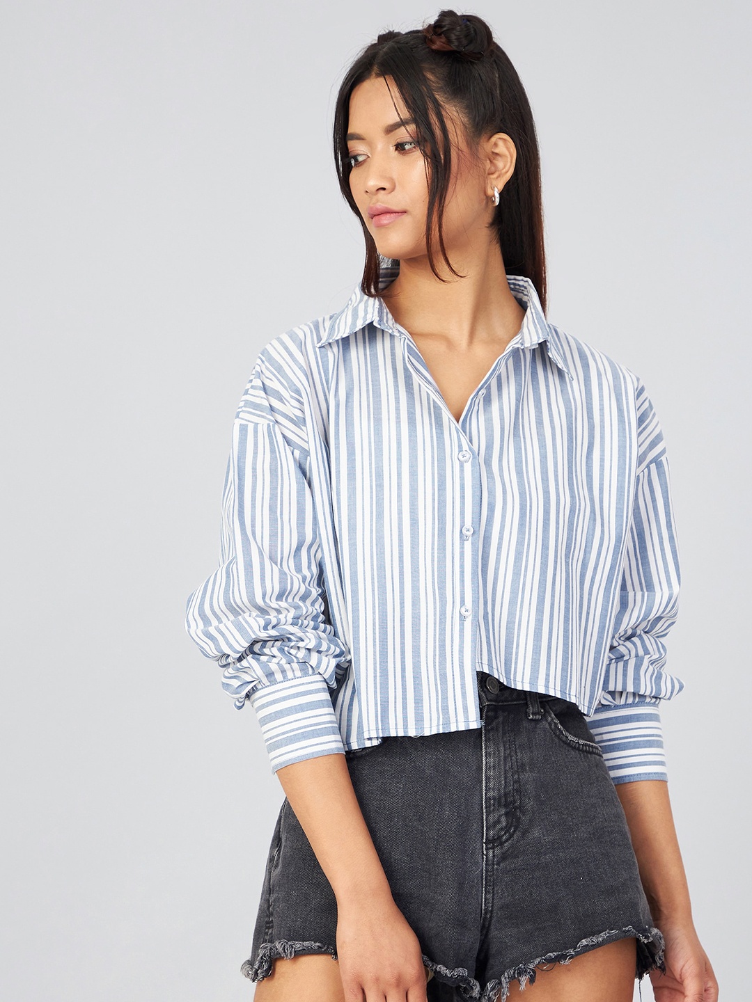 

CHIMPAAANZEE Women Blue Boxy Striped Casual Shirt