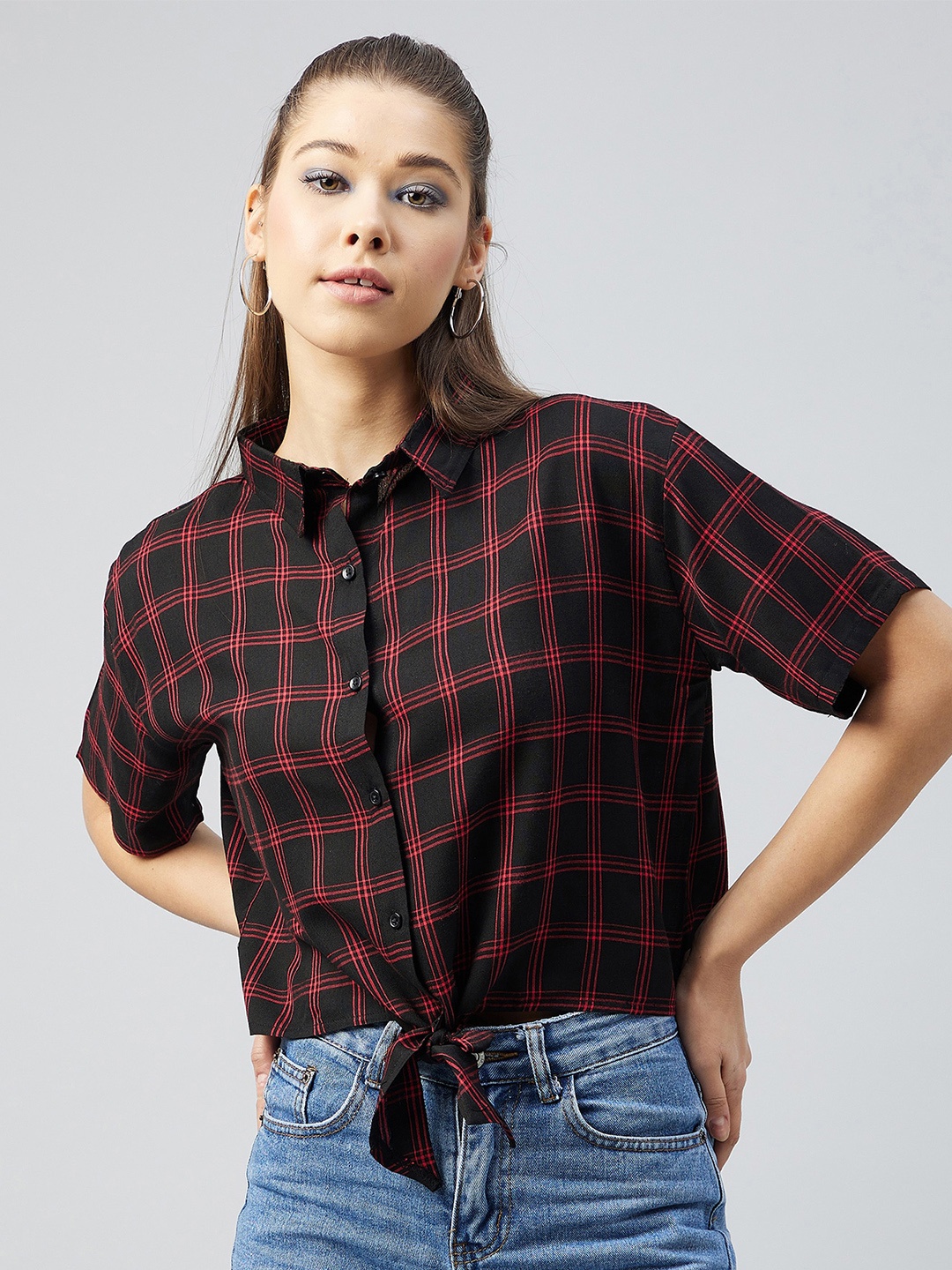 

CHIMPAAANZEE Women Black & Red Boxy Checked Casual Shirt