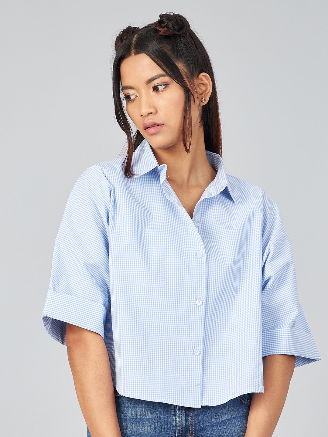 

CHIMPAAANZEE Women Blue Boxy Micro Checked Casual Shirt