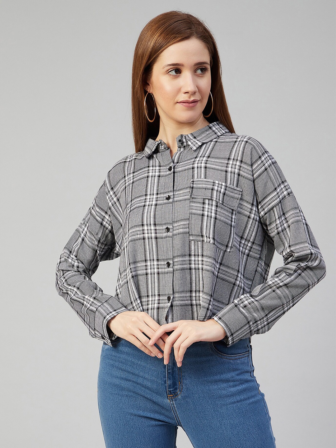 

CHIMPAAANZEE Women Black Boxy Tartan Checks Checked Casual Shirt