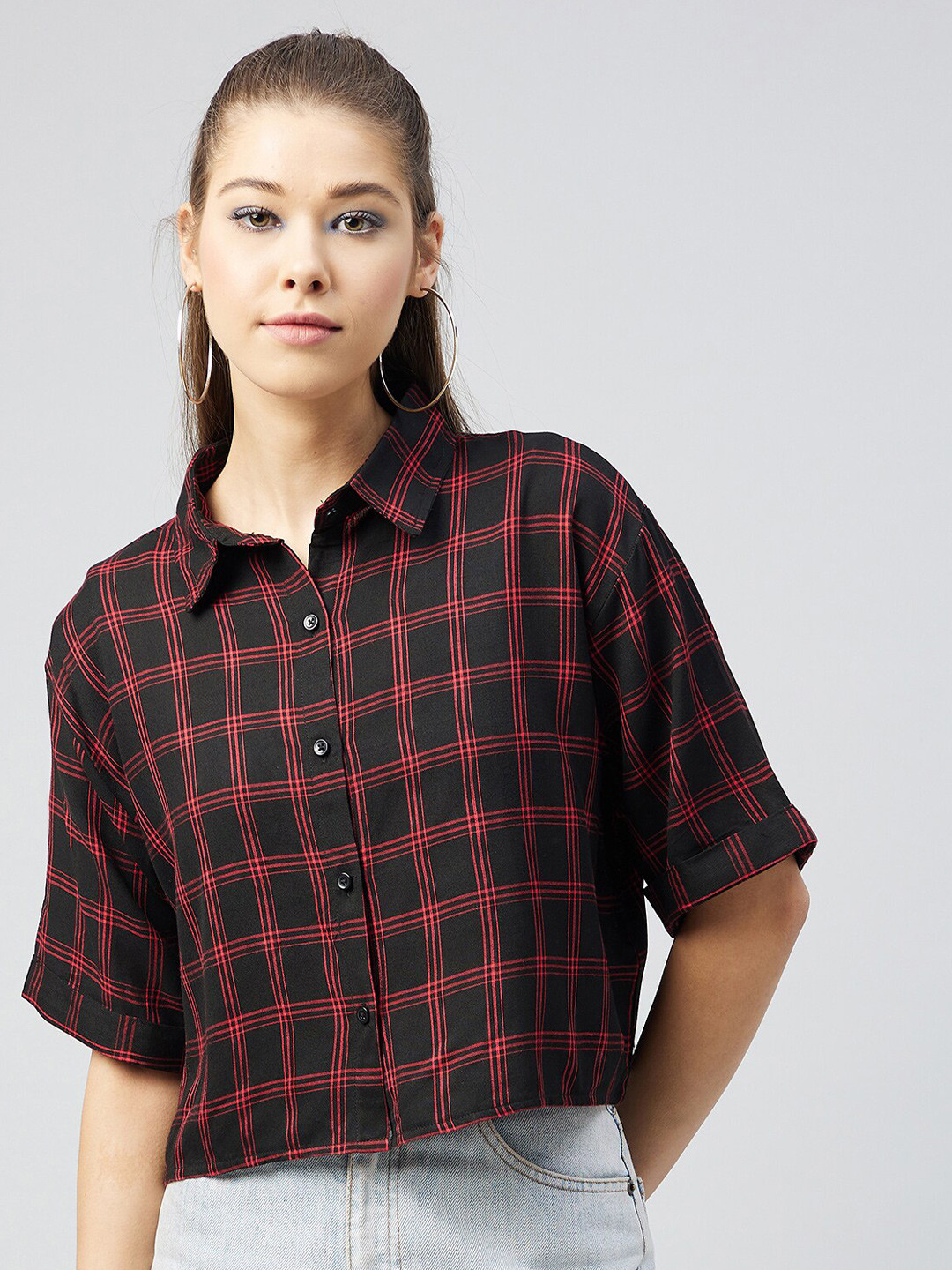 

CHIMPAAANZEE Women Red & Black Checked Crop Shirt