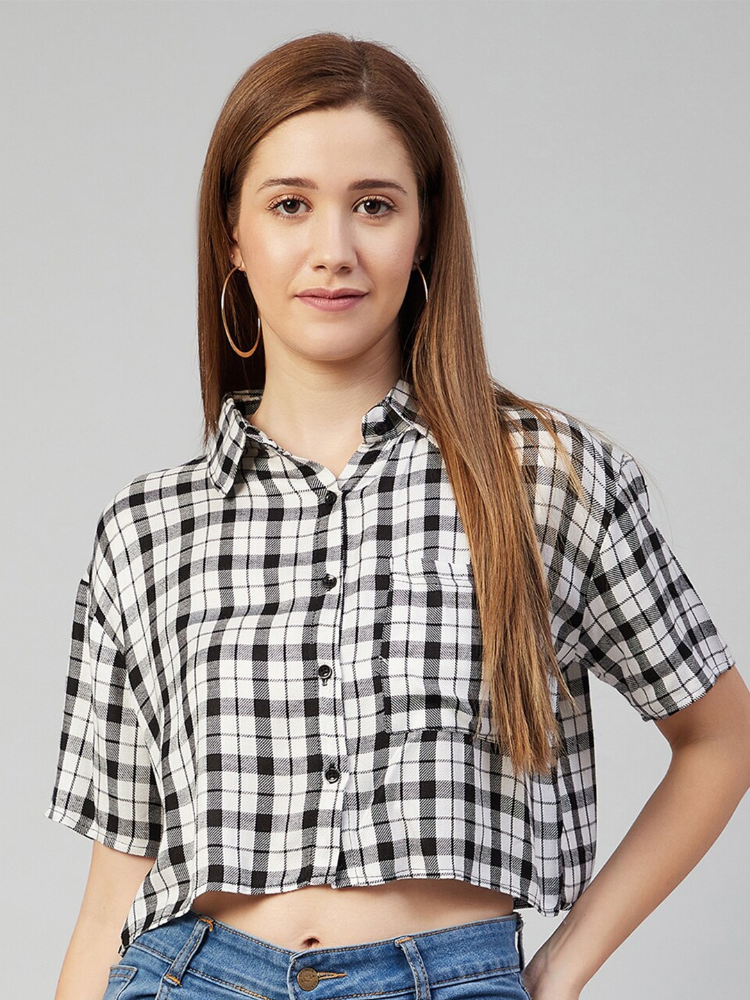 

CHIMPAAANZEE Women Black Boxy Tartan Checks Checked Casual Shirt