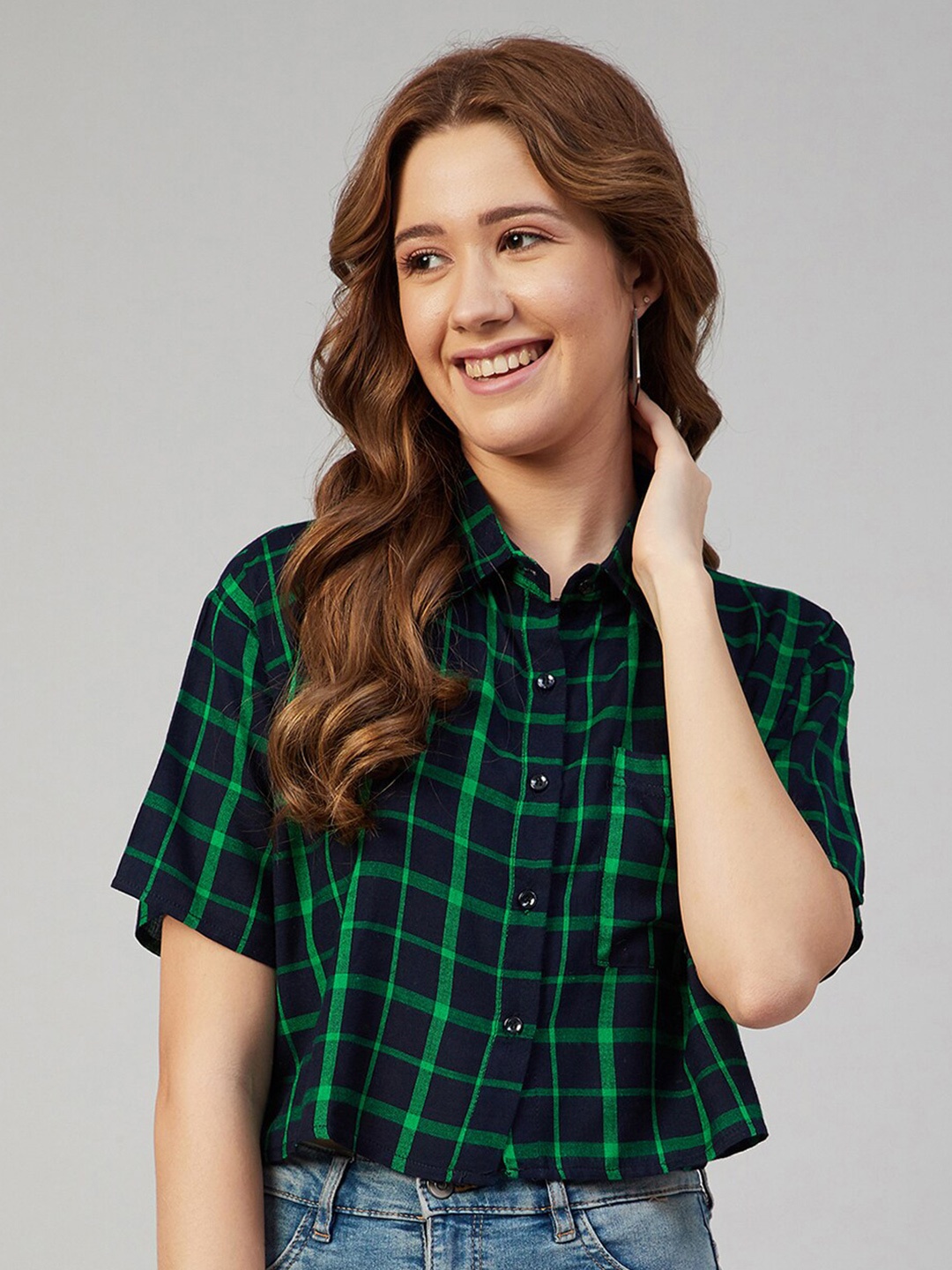 

CHIMPAAANZEE Women Navy Blue & Green Boxy Checked Casual Shirt