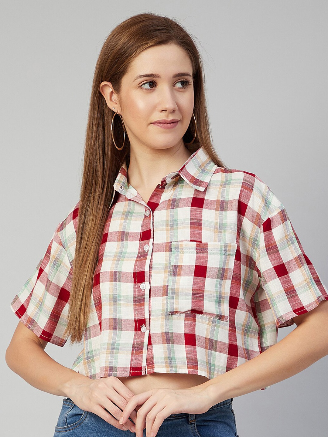 

CHIMPAAANZEE Women Red Boxy Tartan Checks Checked Casual Shirt