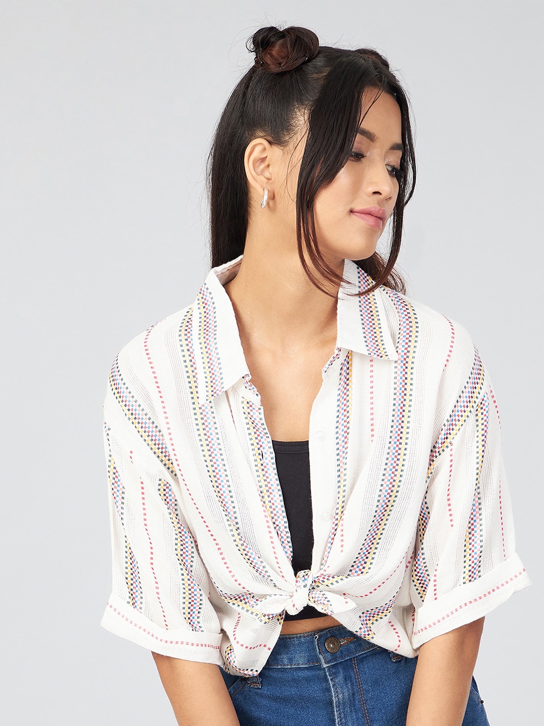 

CHIMPAAANZEE Women White Boxy Striped Casual Shirt