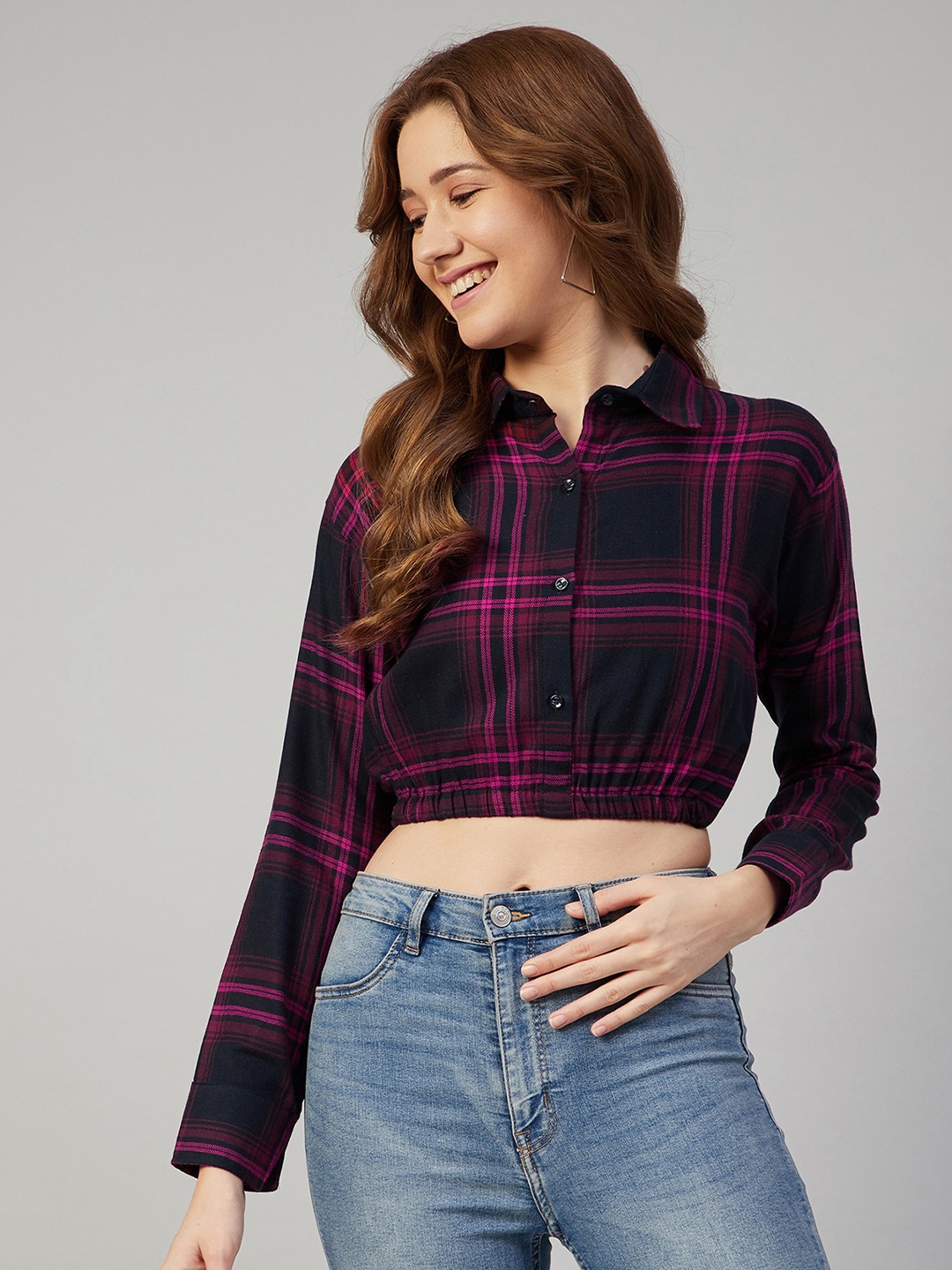 

CHIMPAAANZEE Women Navy Blue Boxy Tartan Checked Casual Shirt