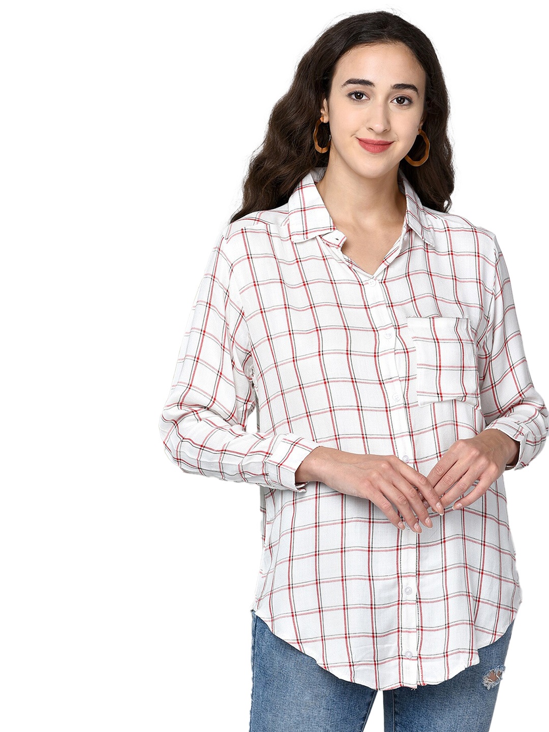 

CHIMPAAANZEE Women White Boxy Windowpane Checked Casual Shirt
