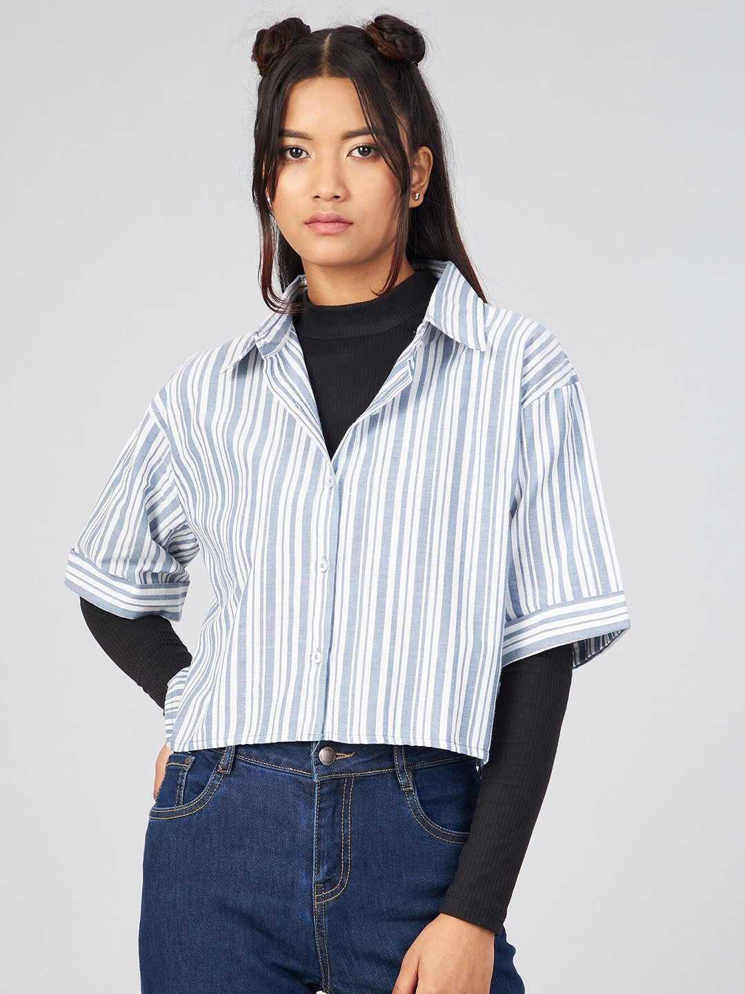 

CHIMPAAANZEE Women Blue Oversized Striped Casual Shirt