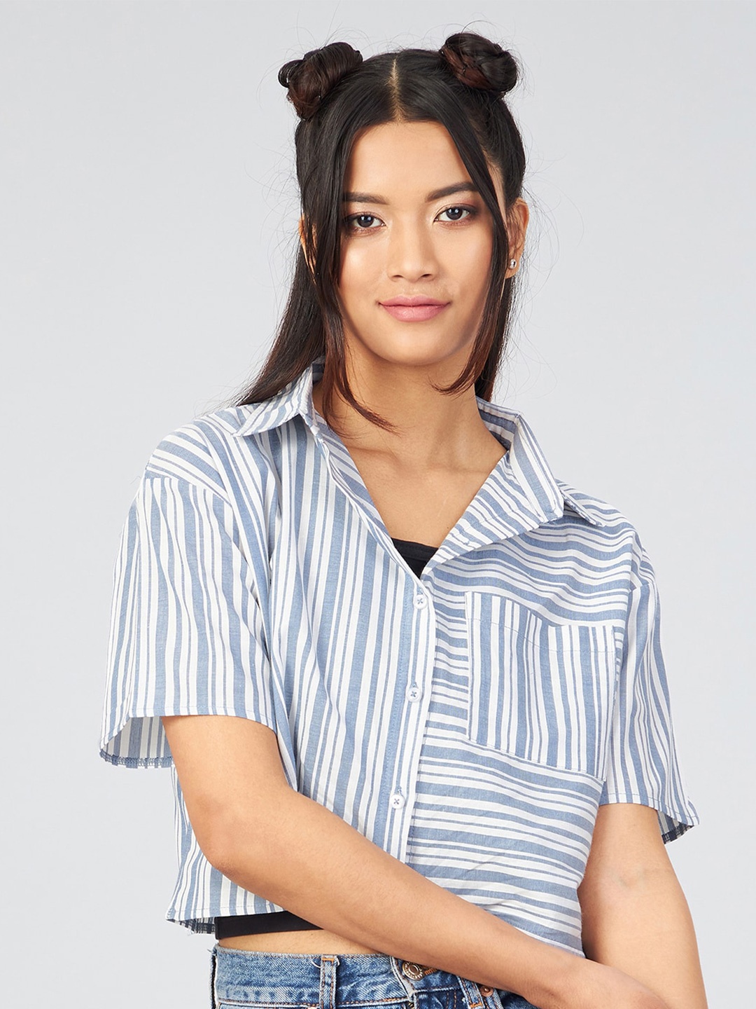 

CHIMPAAANZEE Women Blue Boxy Striped Casual Shirt