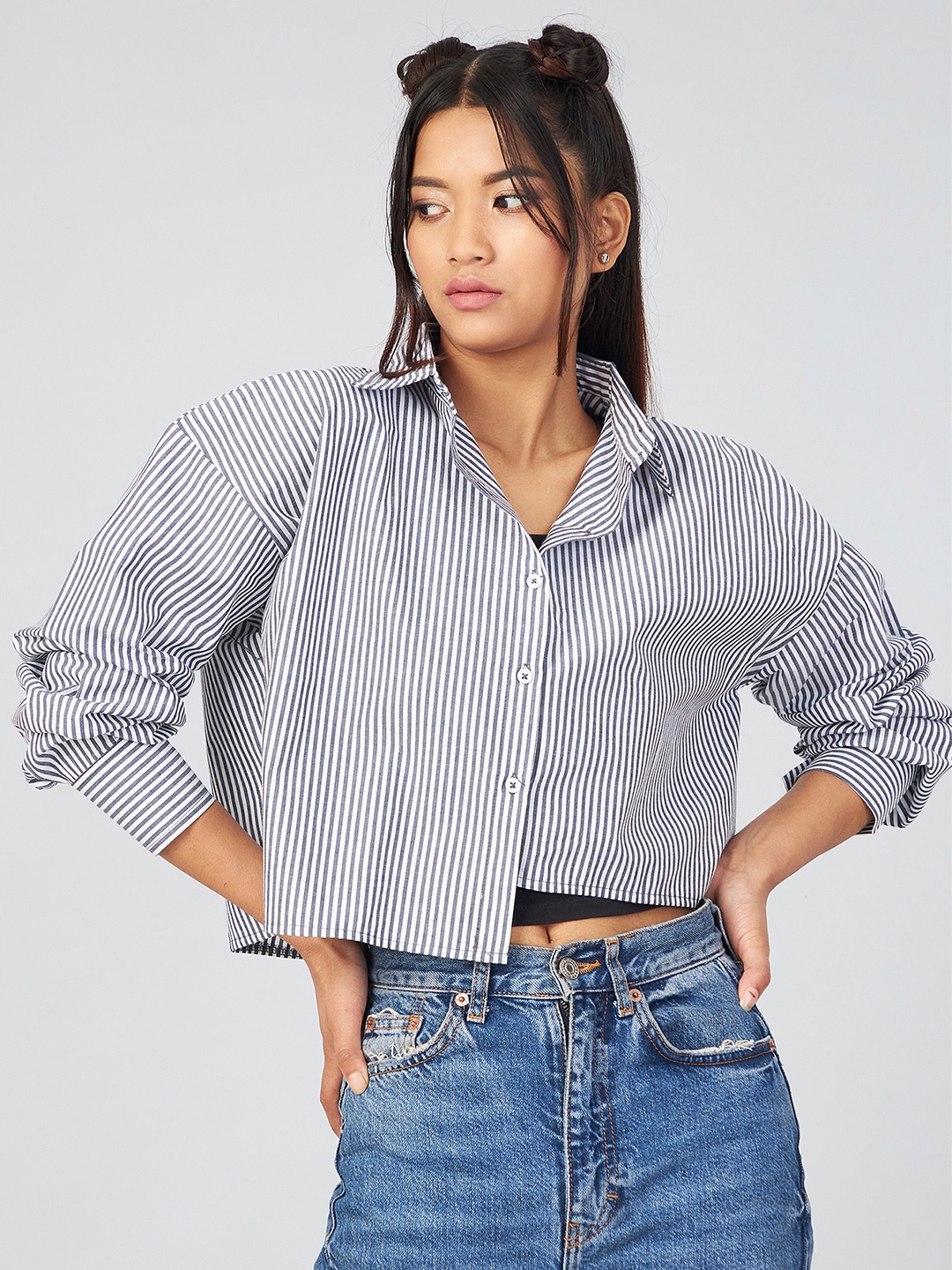 

CHIMPAAANZEE Women Black & White Boxy Striped Casual Shirt