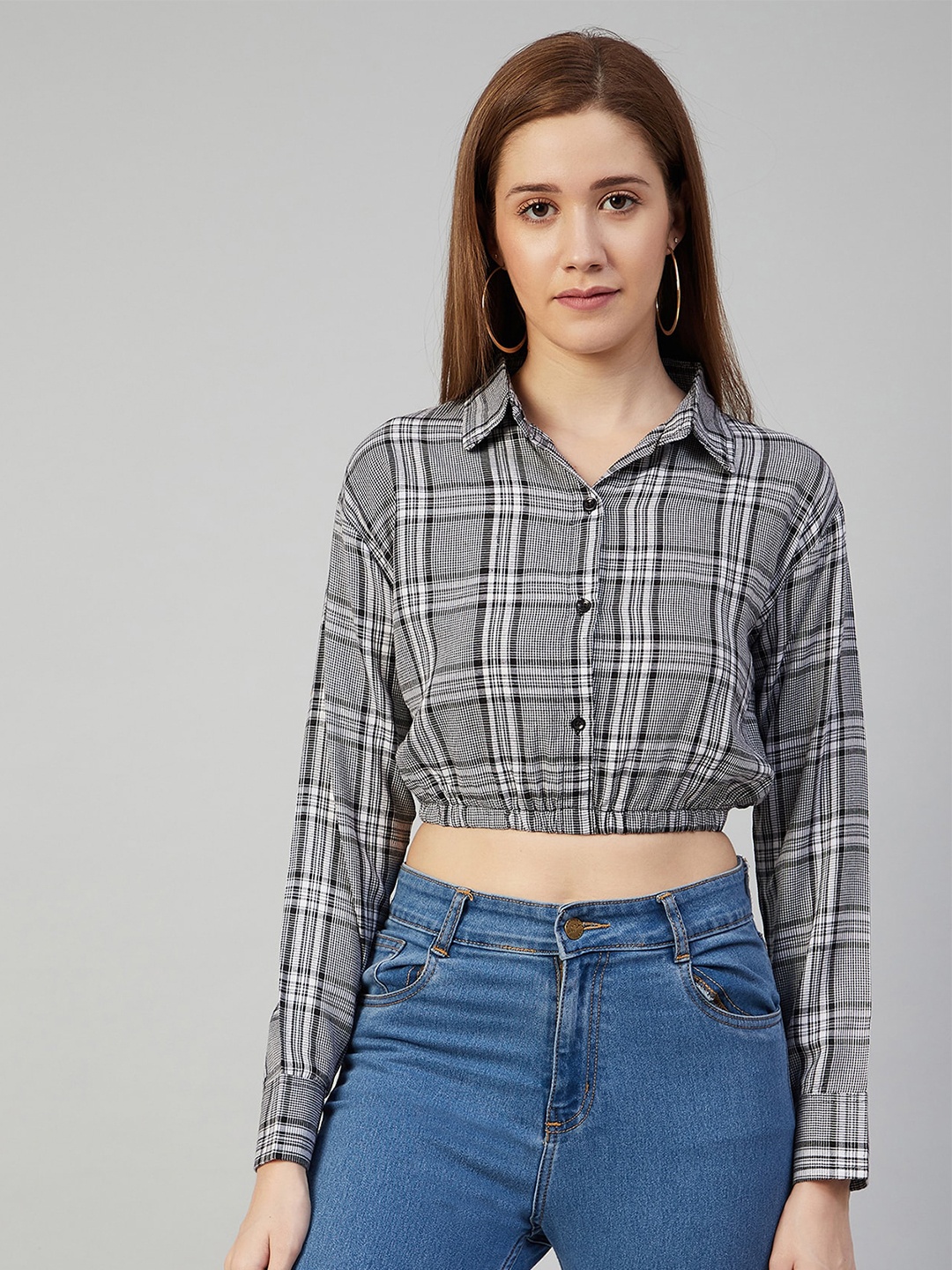 

CHIMPAAANZEE Women Black Boxy Tartan Checked Casual Shirt