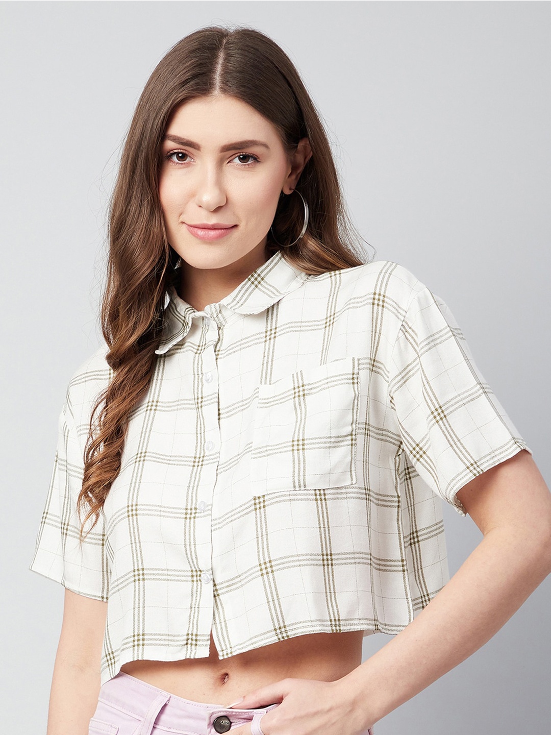 

CHIMPAAANZEE Women Green & White Boxy Checked Casual Shirt