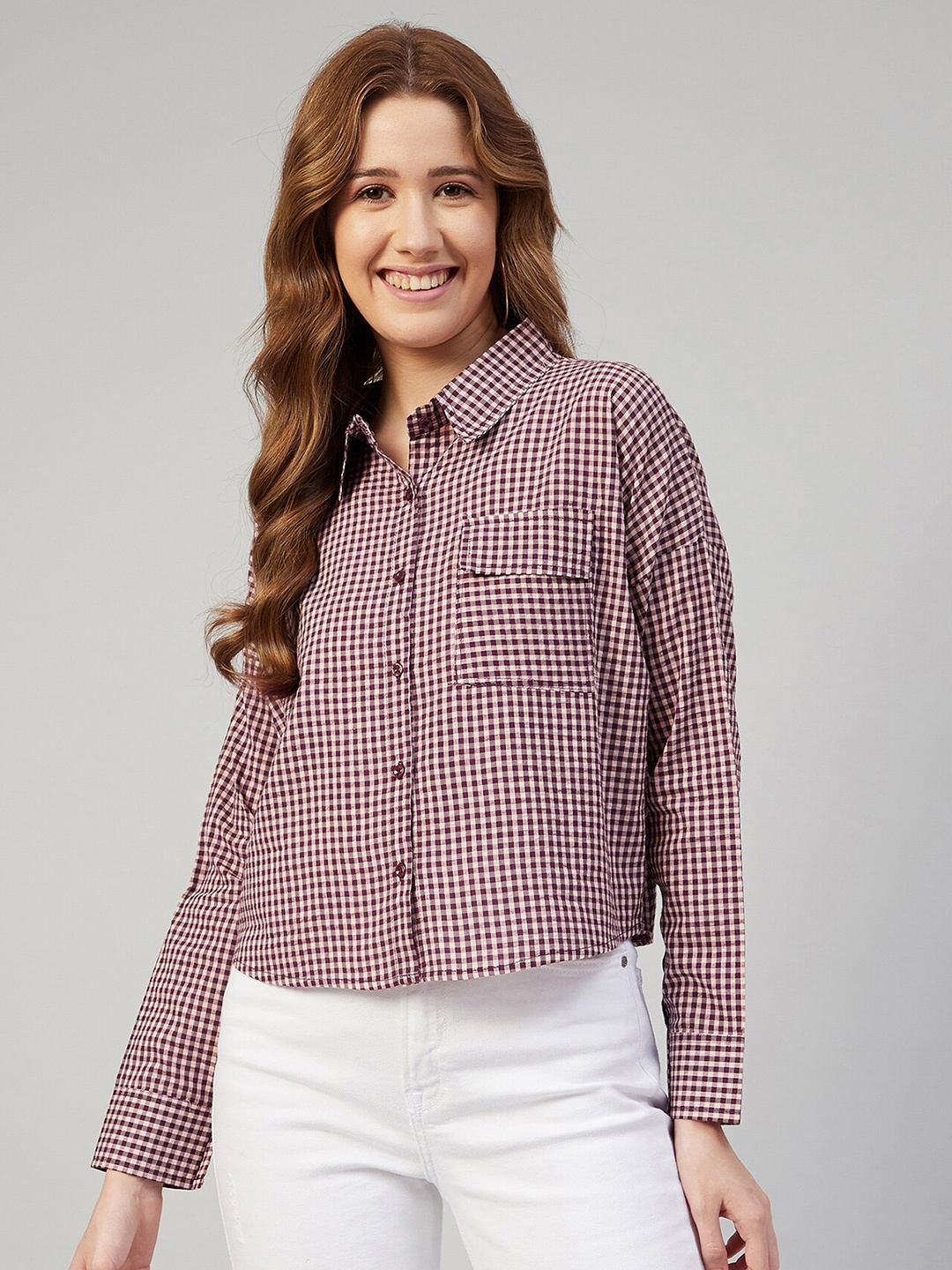 

CHIMPAAANZEE Women Purple Boxy Gingham Checks Checked Casual Shirt