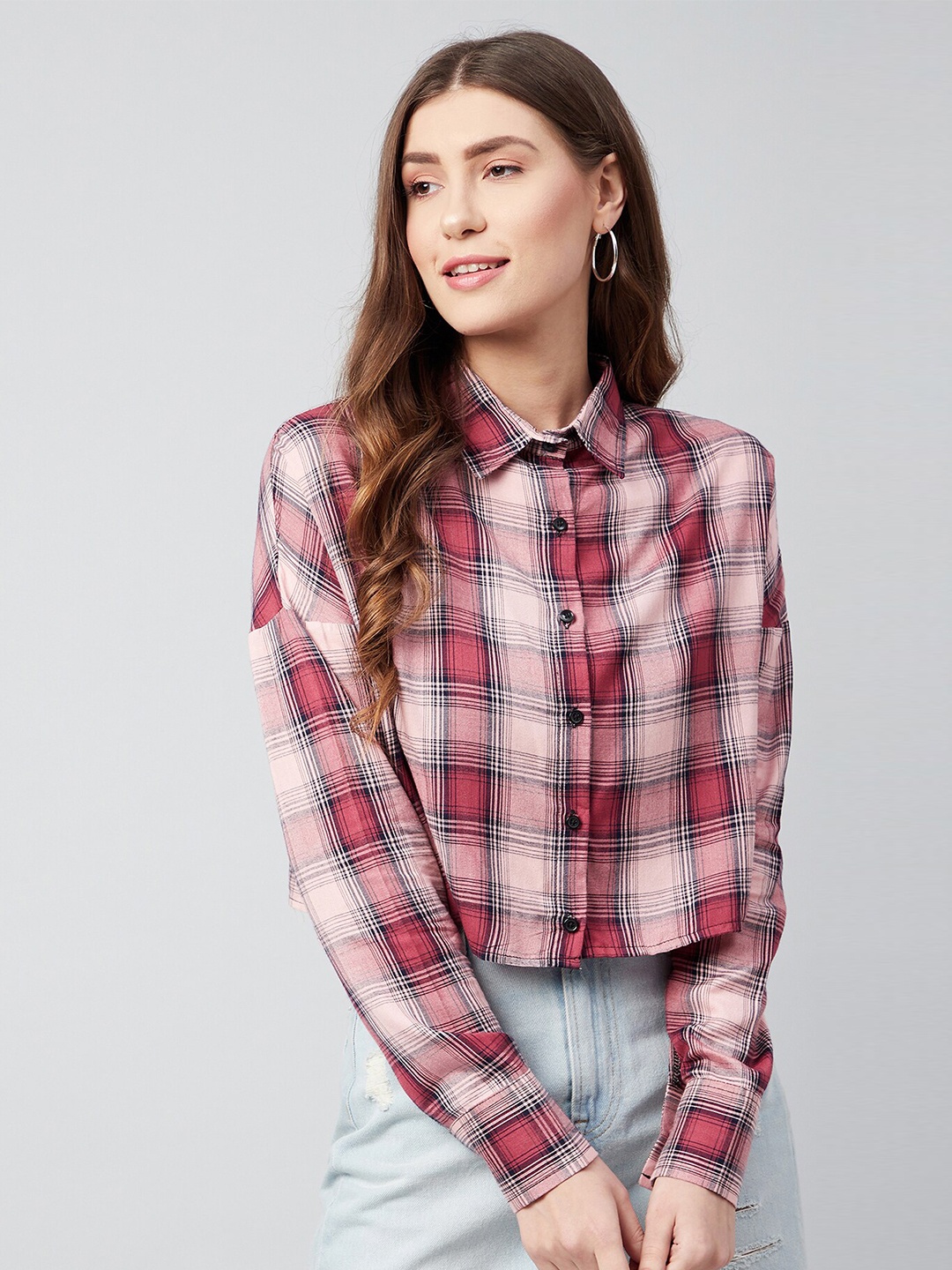 

CHIMPAAANZEE Women Pink Oversized Tartan Checks Checked Casual Shirt