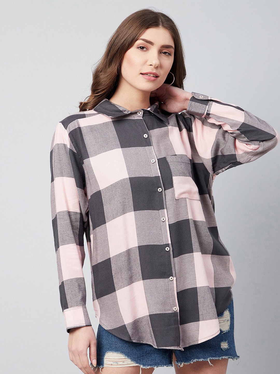 

CHIMPAAANZEE Women Pink Oversized Tartan Checked Casual Shirt