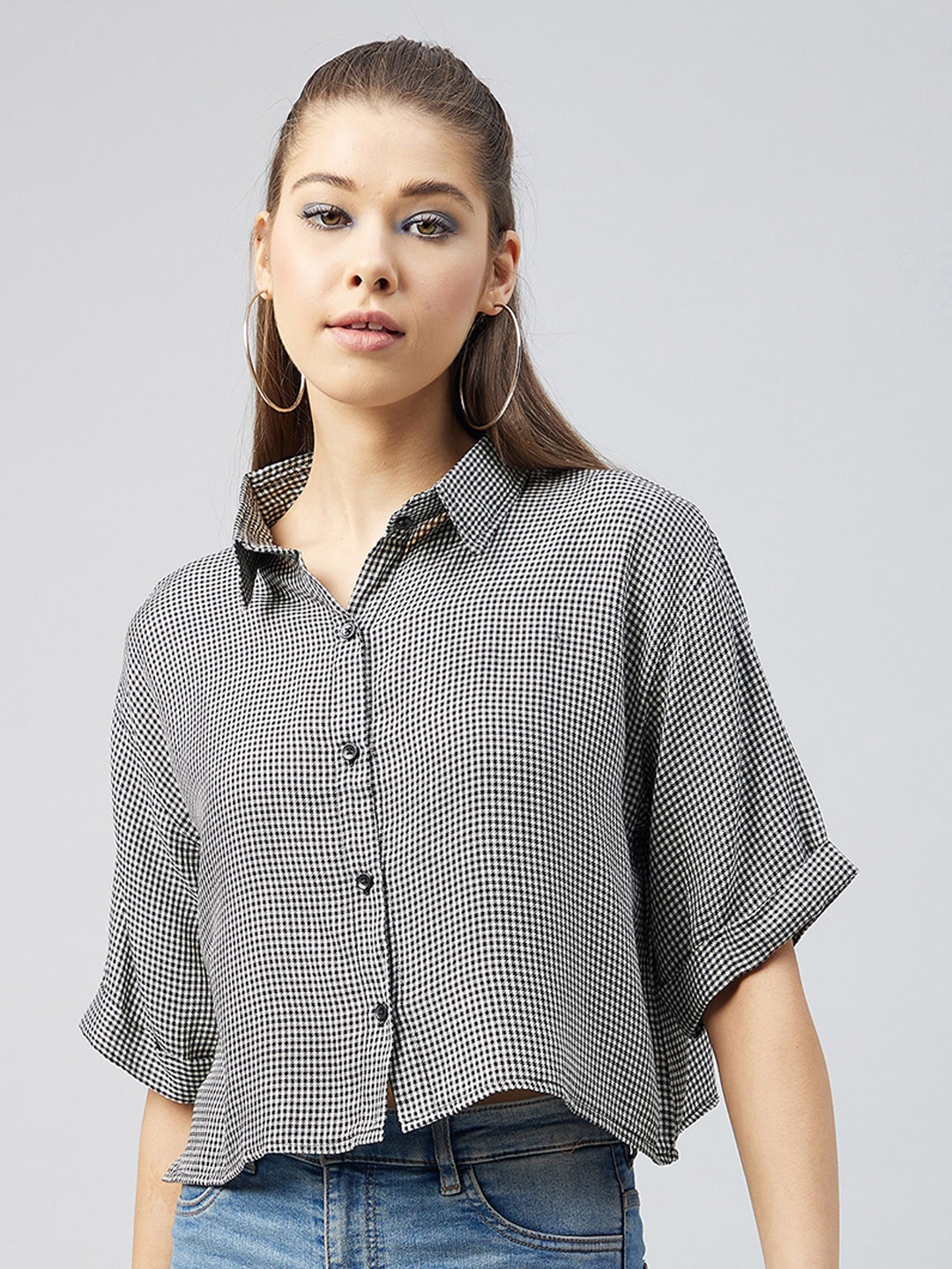 

CHIMPAAANZEE Women Black Oversized Micro Checks Checked Casual Shirt