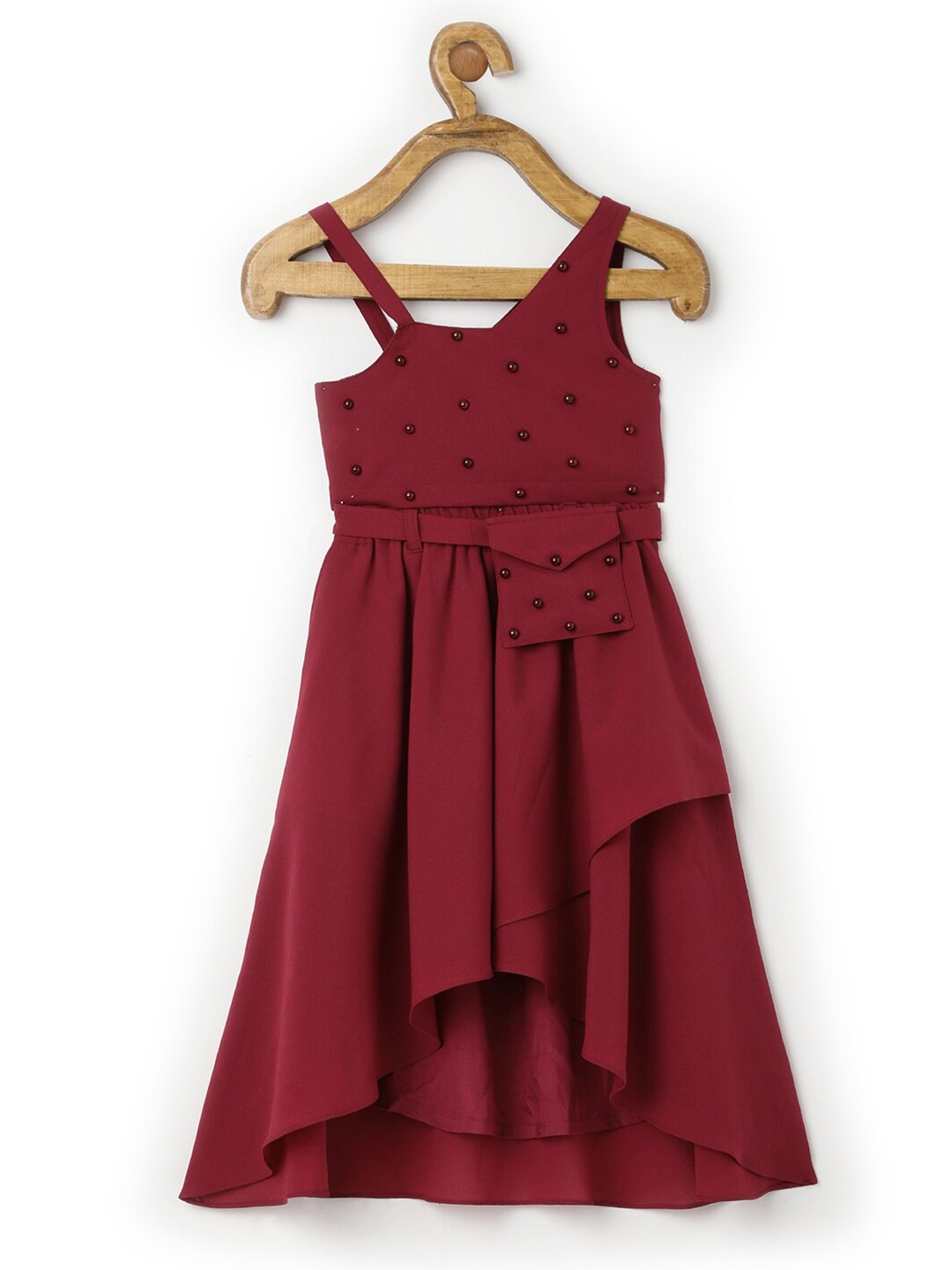 

TIC TAC TOE Girls Maroon Embellished Top with Skirt With Belt Pouch