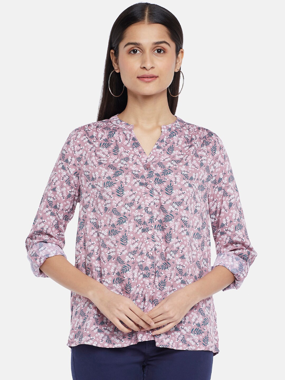 

Honey by Pantaloons Pink & White Floral Print Mandarin Collar Top