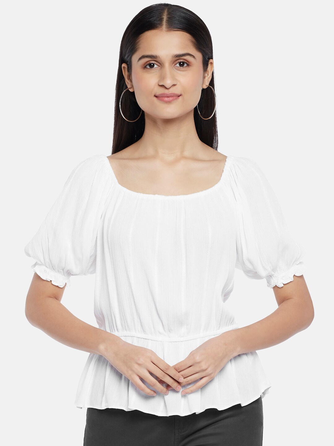 

Honey by Pantaloons Off White Striped Smocked Peplum Top