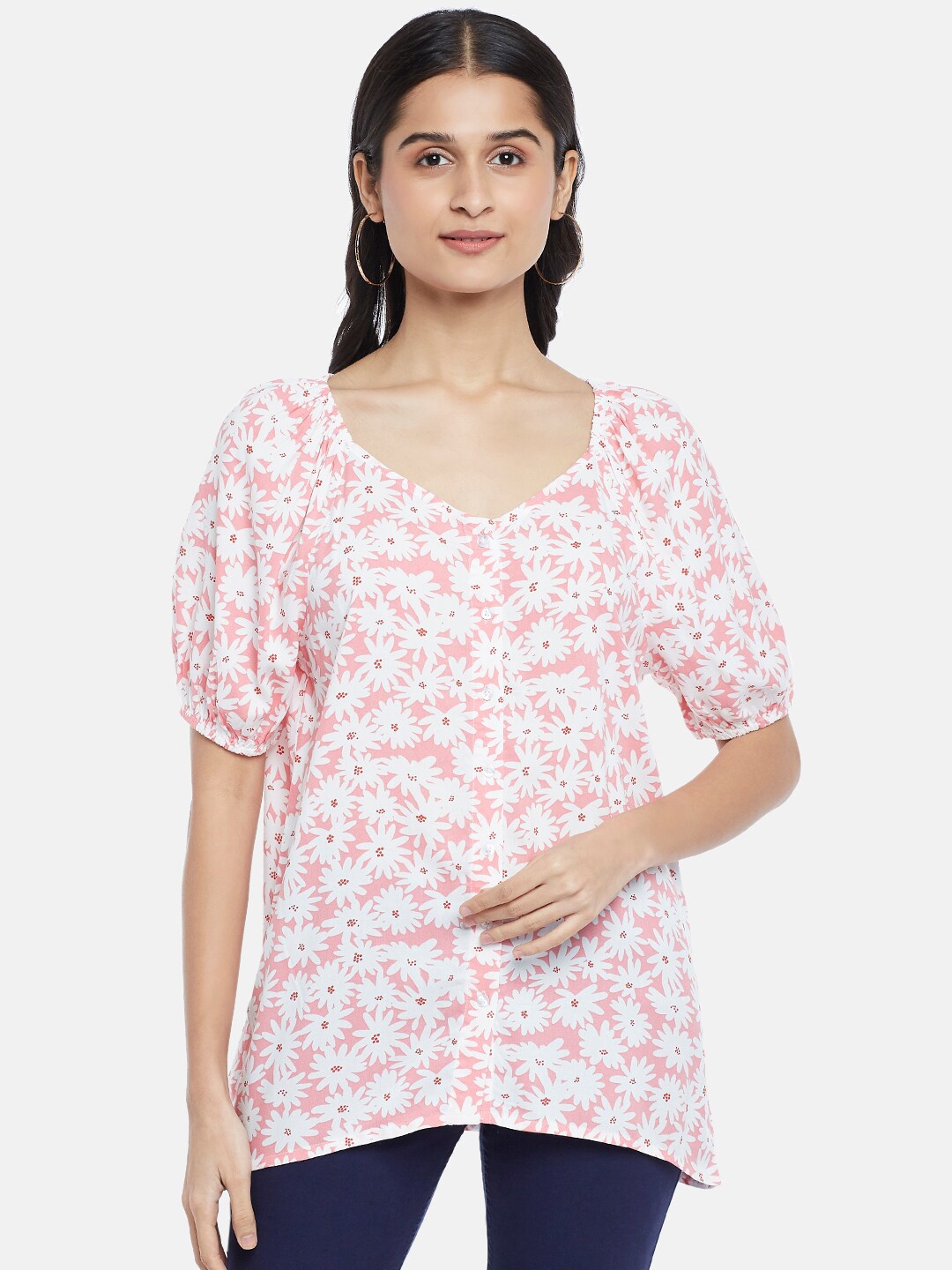 

Honey by Pantaloons Pink & White Floral Print Sweetheart Neck Top