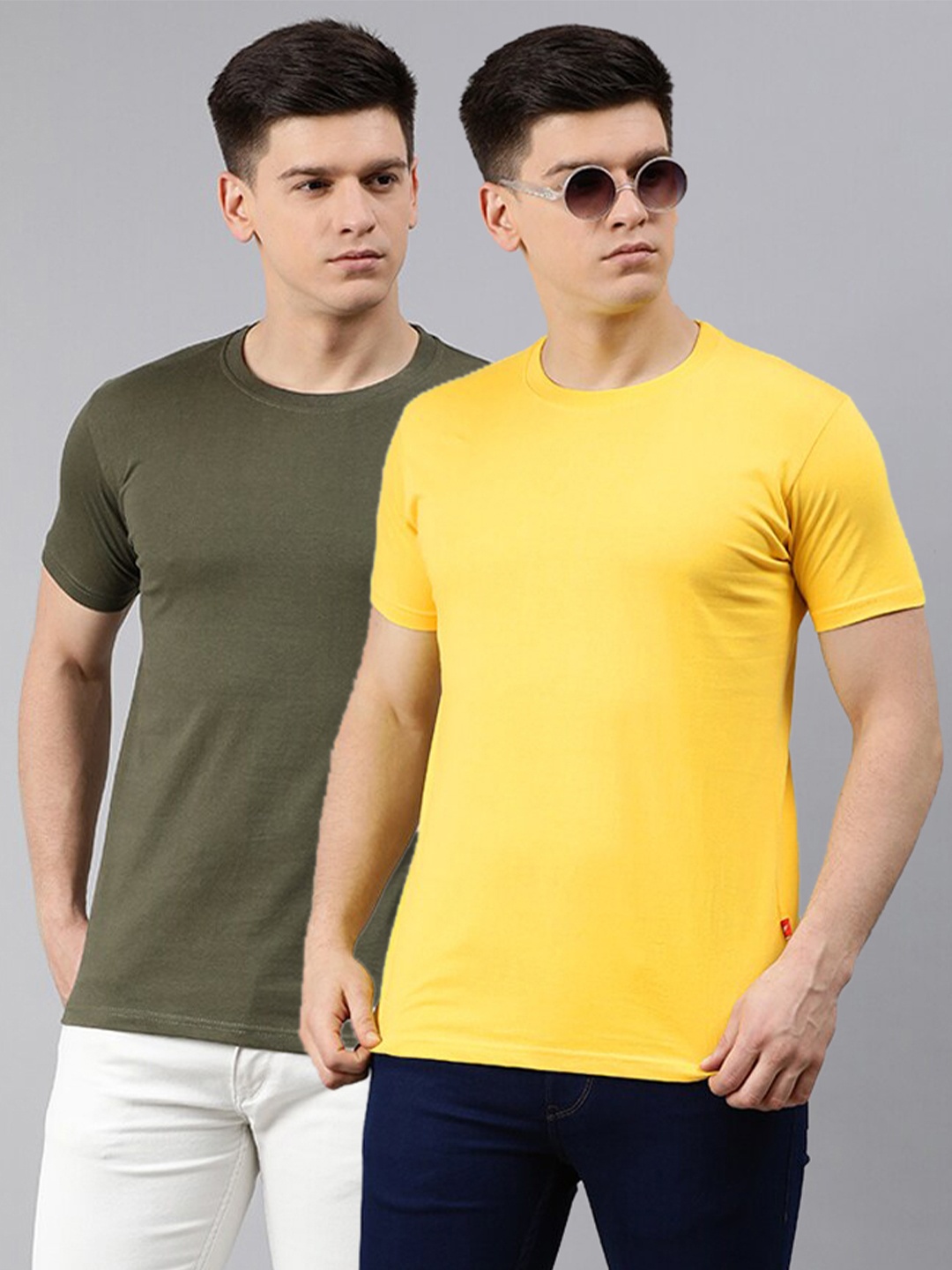 

UNSULLY Men Pack Of 2 Pure Cotton Dry-Fit T-shirts, Olive