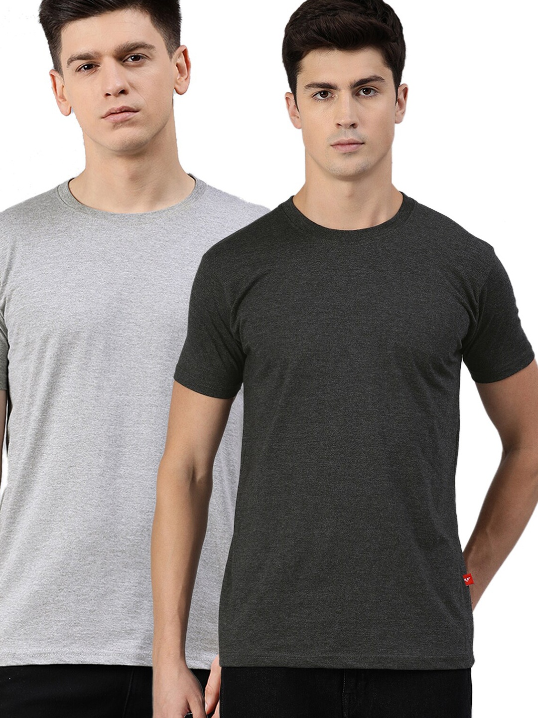 

UNSULLY Men Grey Melange & Charcoal Set Of 2 Cotton T-shirt