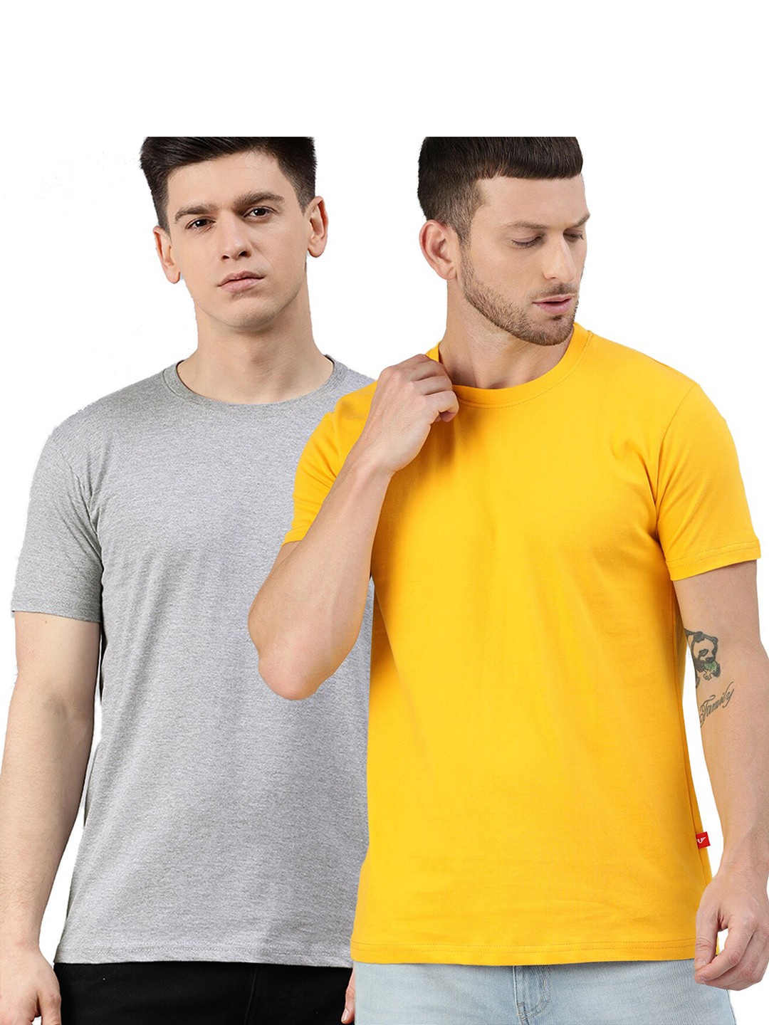 

UNSULLY Men Grey & Yellow Set Of 2 Training or Gym Pure Cotton T-shirt