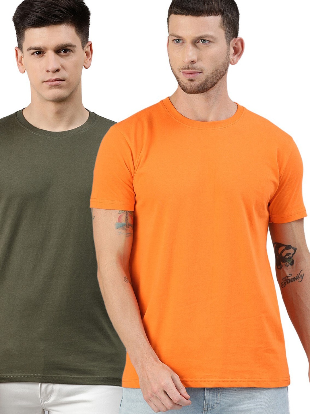 

UNSULLY Men Olive Green & Orange Pack of 2 Training or Gym Cotton T-shirt