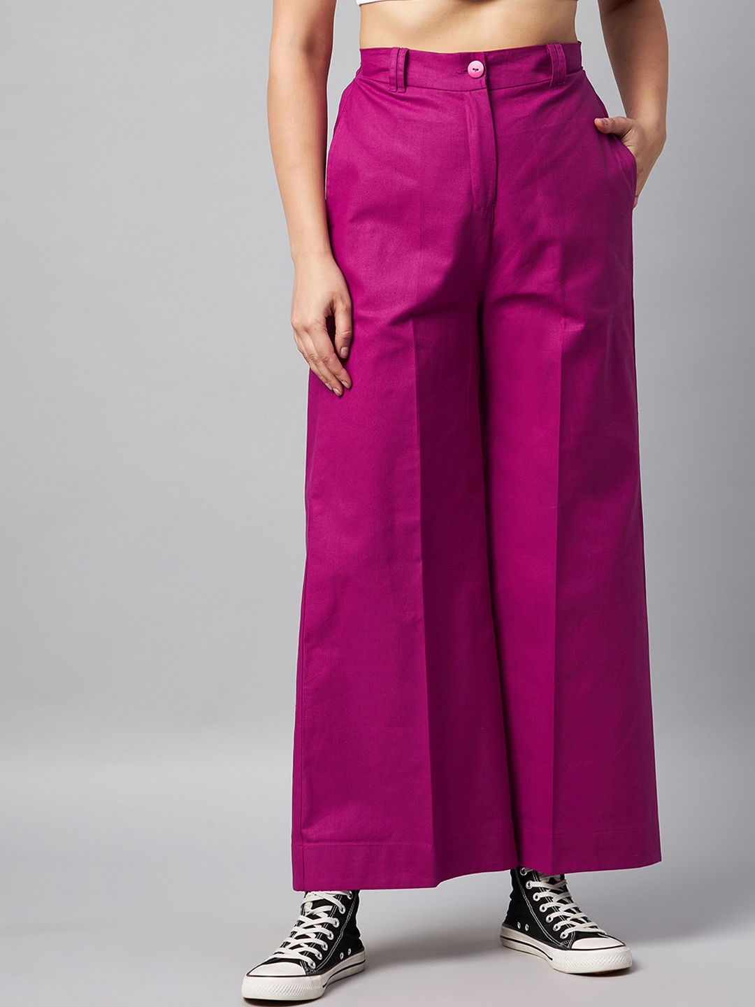 

Orchid Blues Women Purple High-Rise Cotton Trousers