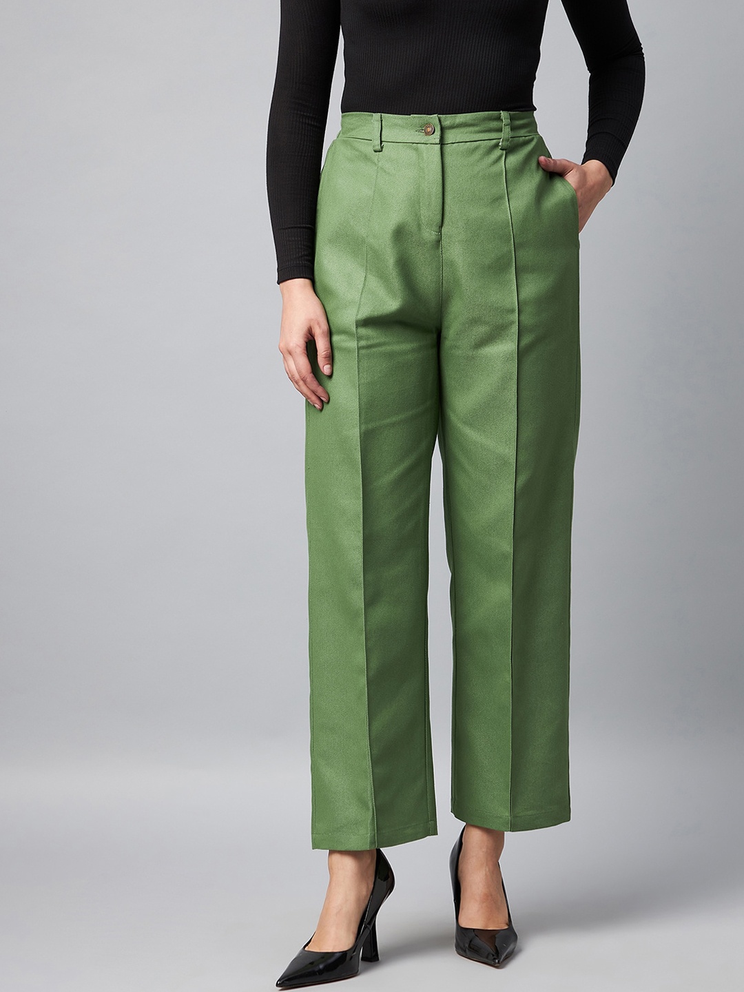 

Orchid Blues Women Green Tailored Straight Fit Pure Cotton High-Rise Trousers