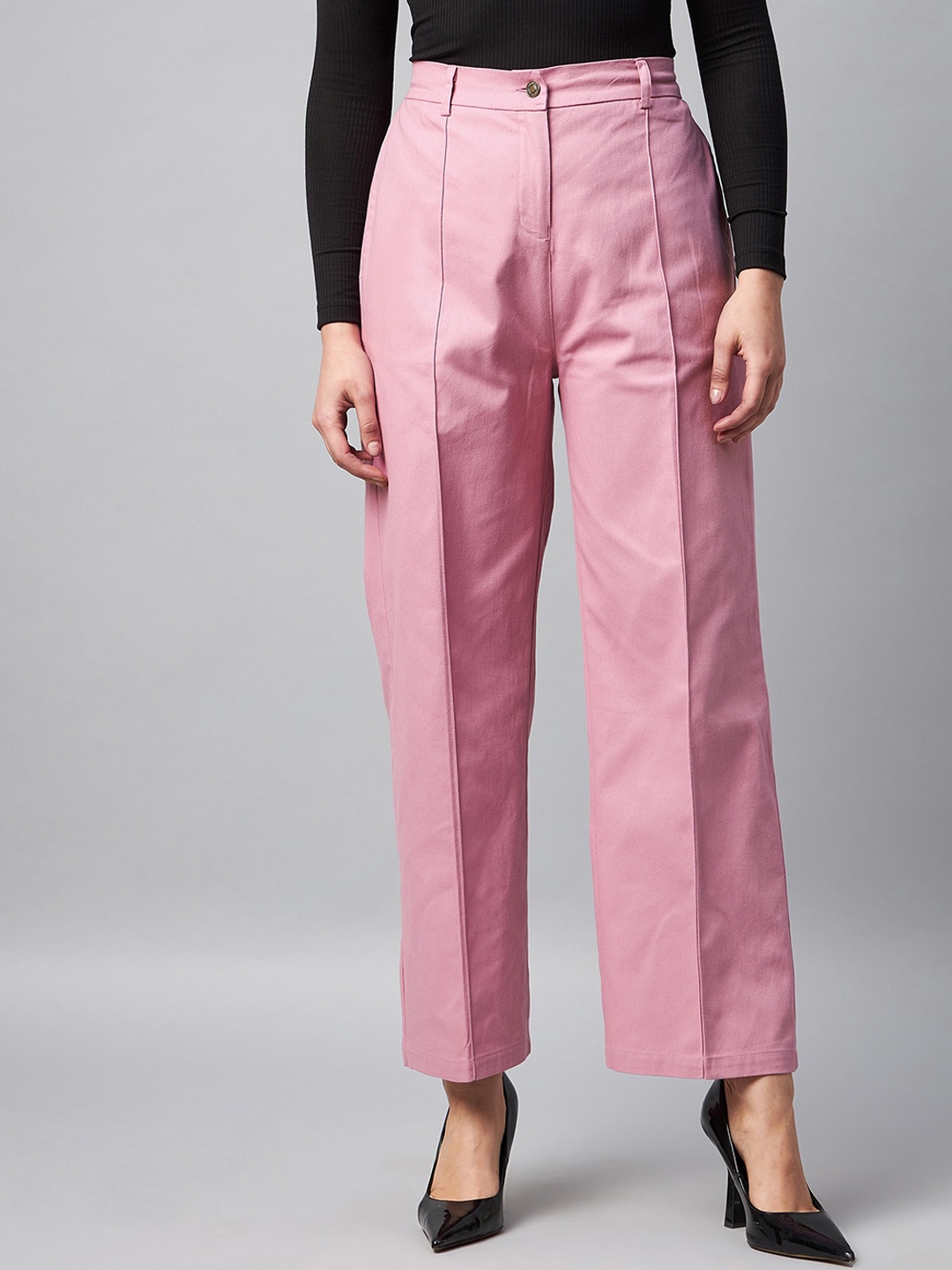 

Orchid Blues Women Lavender Cotton Tailored Straight Fit High-Rise Pleated Trousers