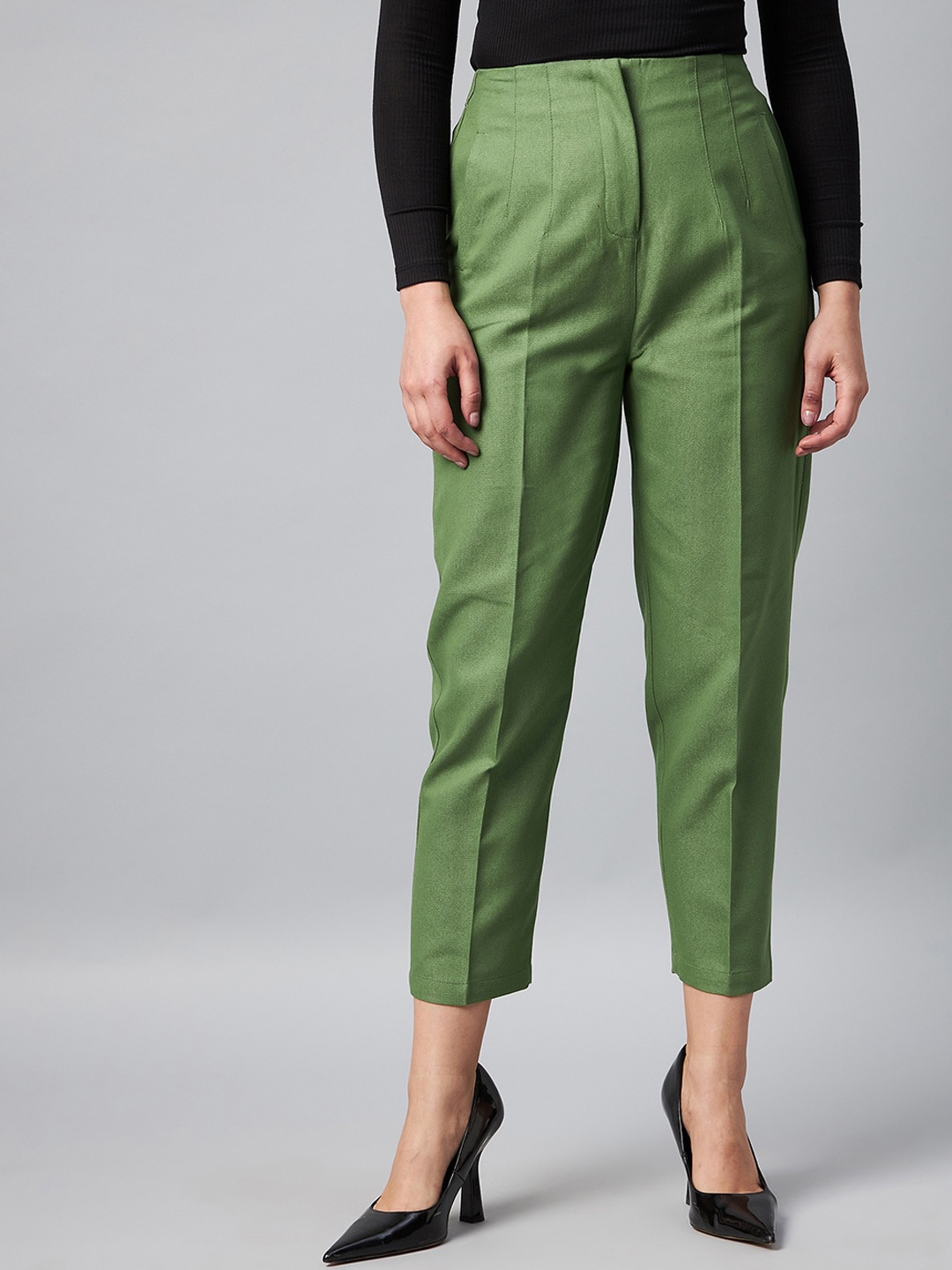 

Orchid Blues Women Green Cotton Tapered Fit High-Rise Pleated Trousers