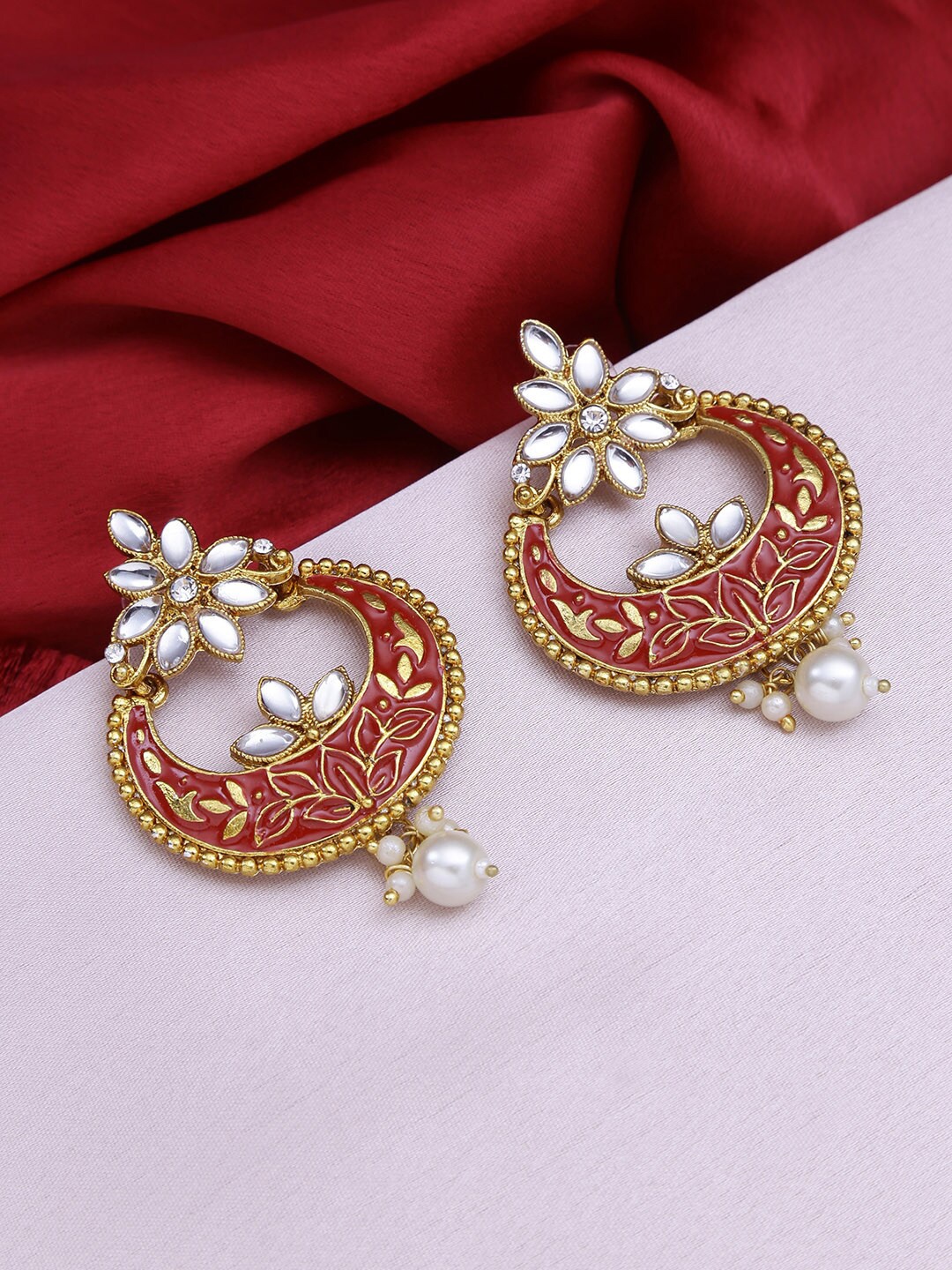 

LIVE EVIL Gold-Plated White & Red Kundan Studded & Pearl Beaded Chandbalis Earrings