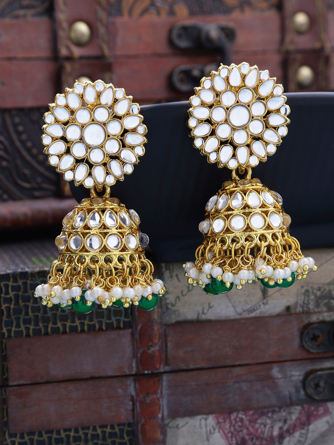 

LIVE EVIL Gold-Plated & Green Dome Shaped Kundan Jhumkas Earrings