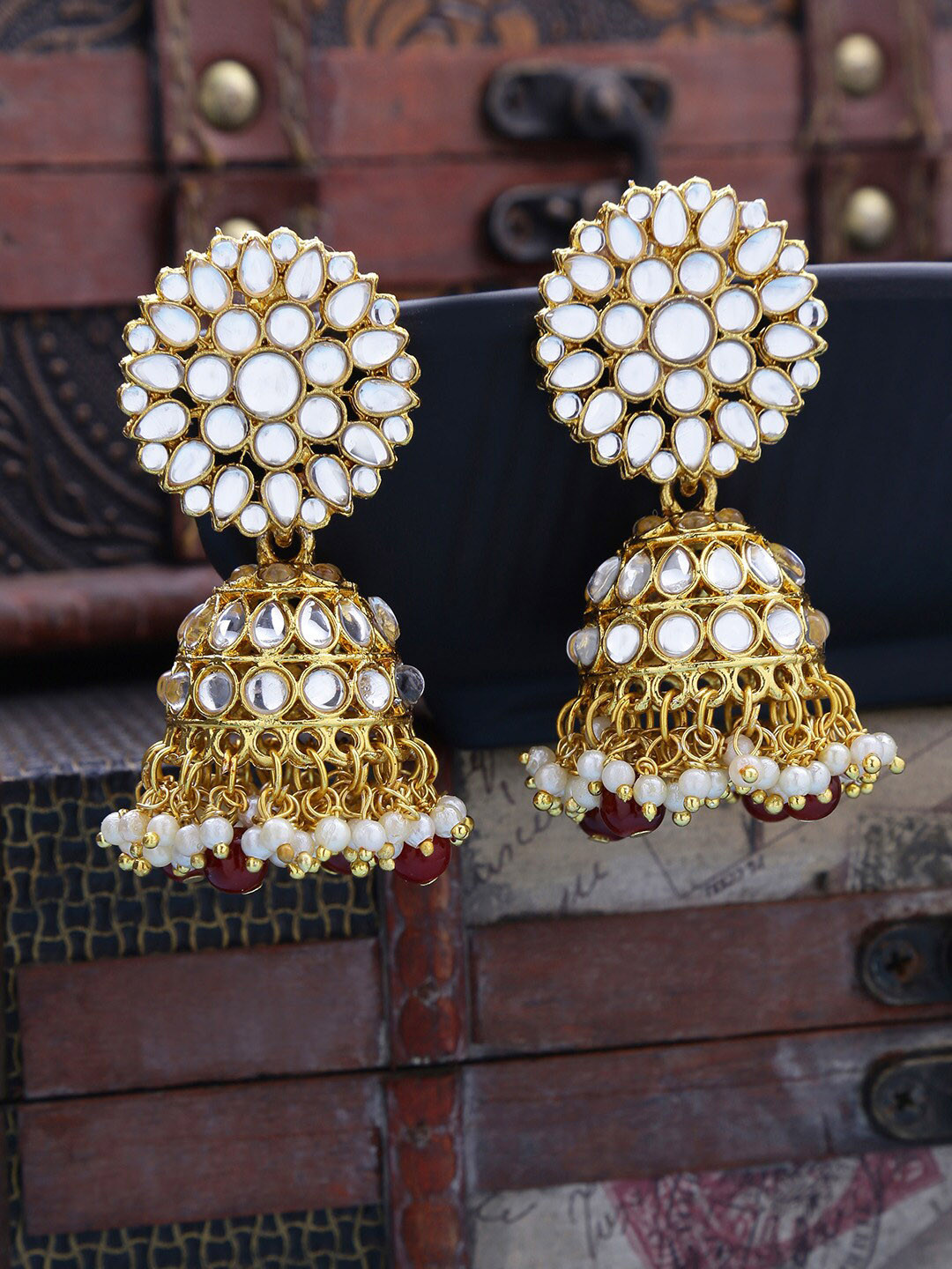 

LIVE EVIL Maroon & White Gold-Plated Contemporary Jhumkas Earrings